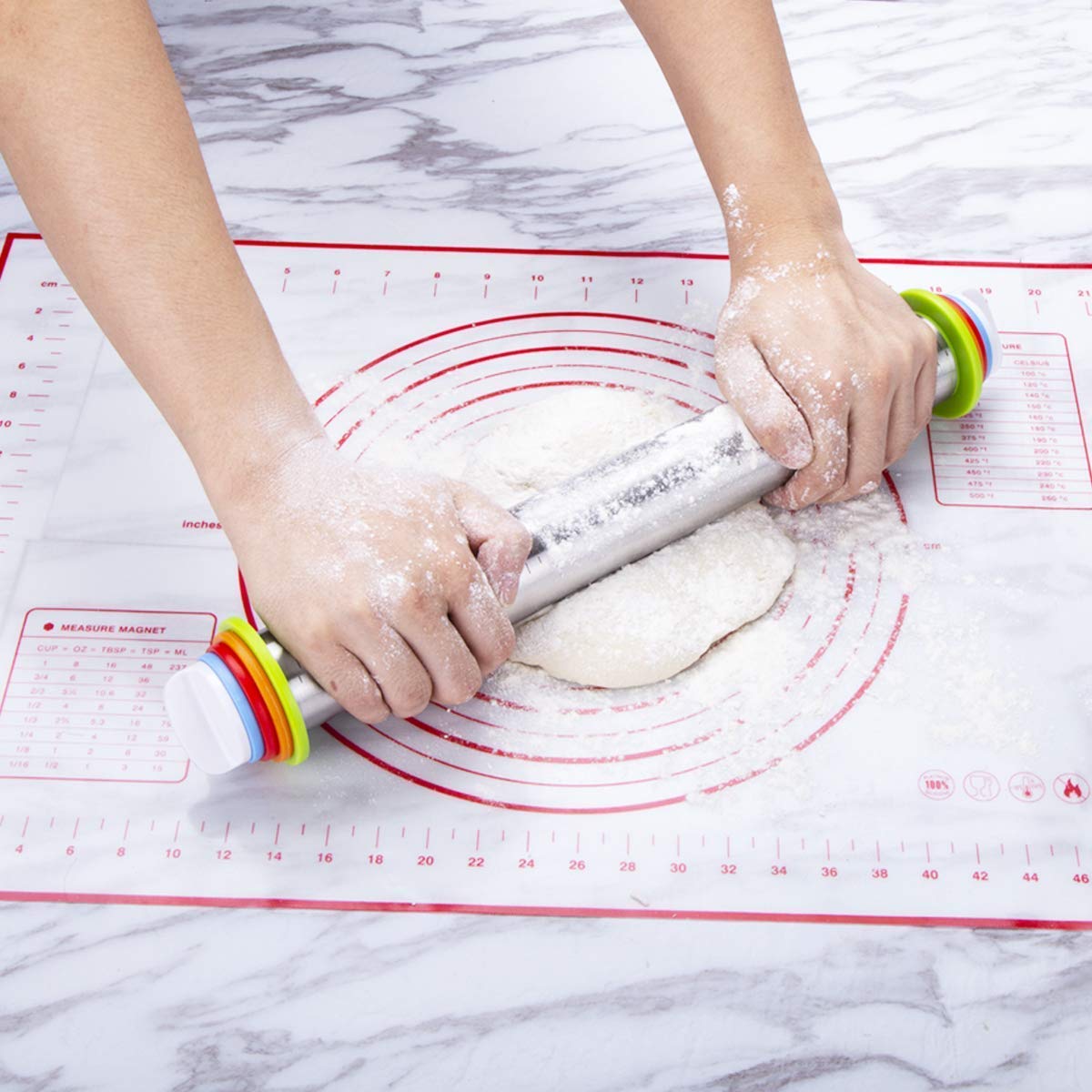Premium Rolling Pin & Pastry Baking Mat Set - Adjustable Thickness Rings, Stainless Steel Dough Roller for Fondant, Pizza, Pie, Pasta, Cookies - Ideal for Home Bakers & Professional Kitchens (Red Non-Slip Mat)