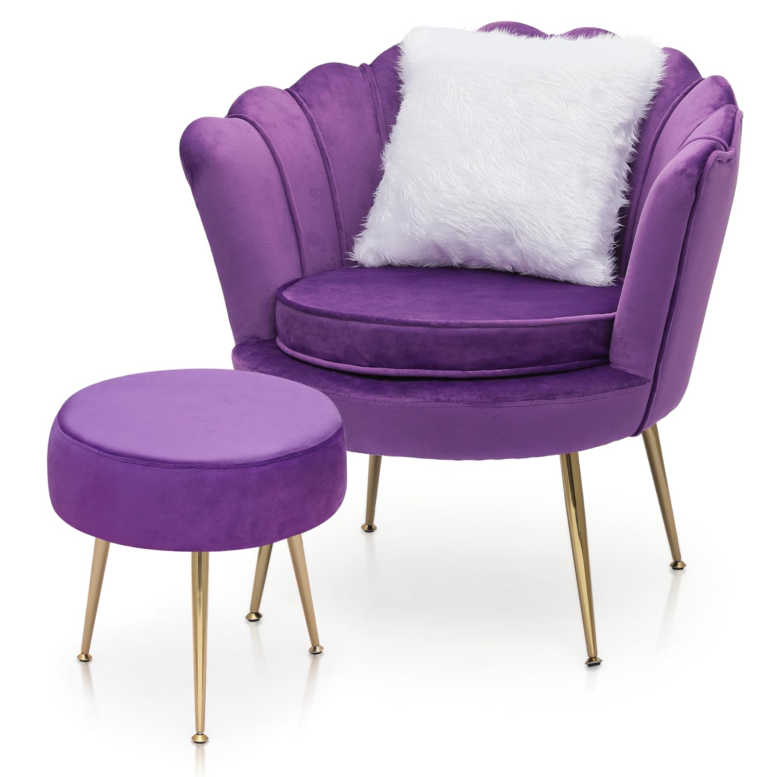 Magshion Velvet Vanity Chair with Backrest - Purple Accent Chair with Golden Legs, Scalloped Design & Soft Pillow - Upholstered Armchair with Footrest for Dressing Table, Bedroom, Living Room & Makeup Area