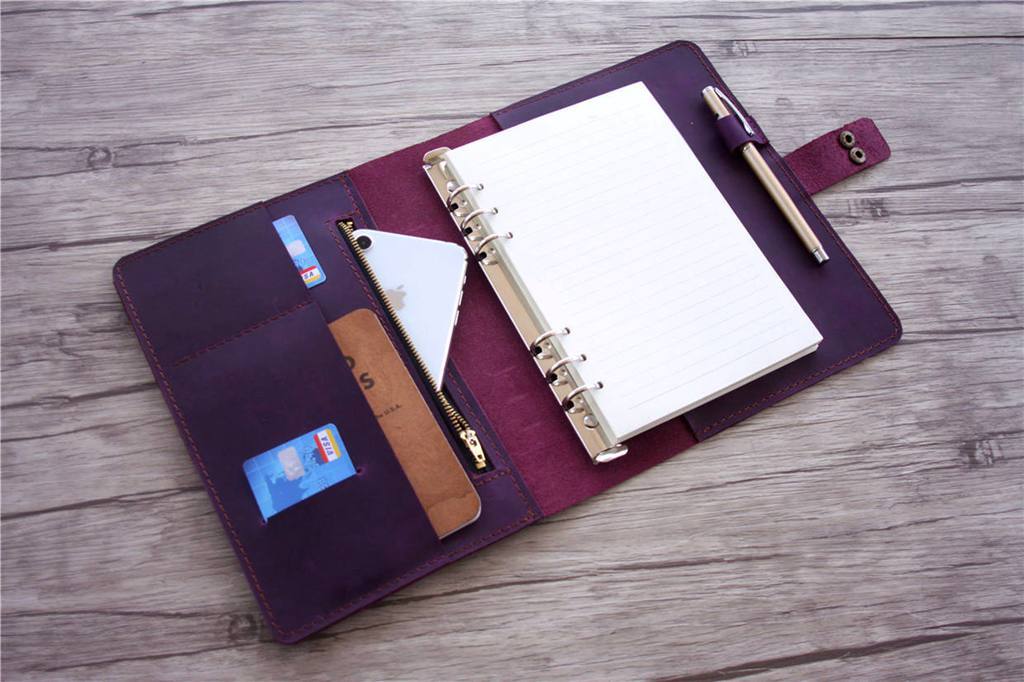 Personalized Refillable Purple Leather 6-Ring Binder Notebook - Customizable Planner for School, Office & Business Organization