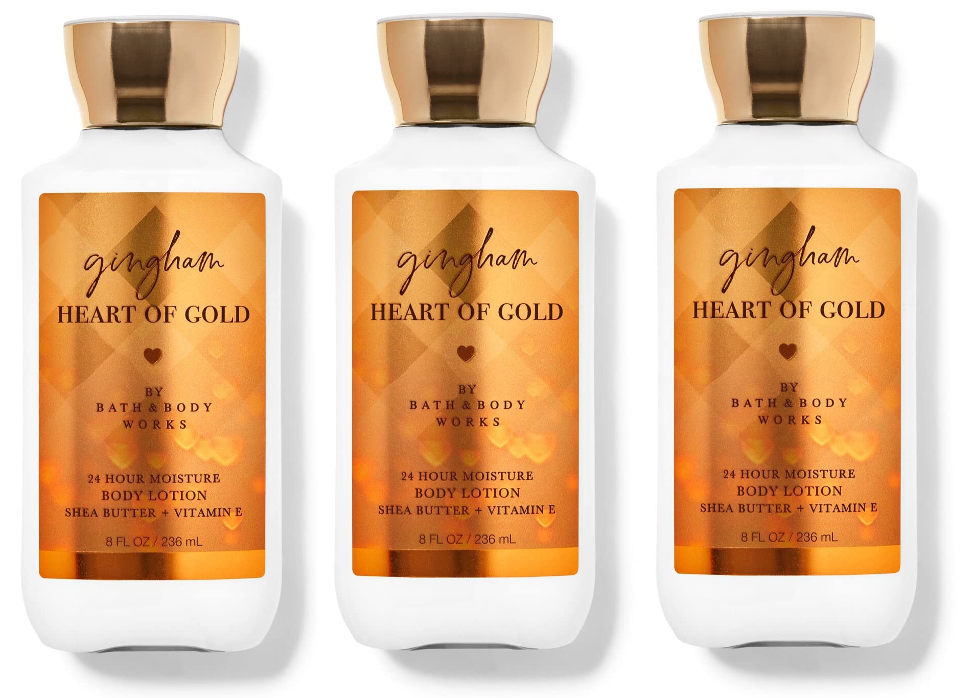 Bath & Body Works Gingham Heart of Gold 24-Hour Moisture Body Lotion - 3 Full Size Bottles for Daily Hydration & Soft Skin | Perfect for Gift Sets, Travel & Home Spa Days