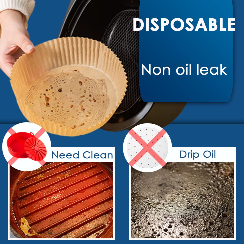 Non-Stick Air Fryer Parchment Paper Liners - 50PCS Round, Grease & Waterproof Basket Liners for Healthy Cooking | Perfect for Air Frying, Baking, Roasting & Reheating Foods