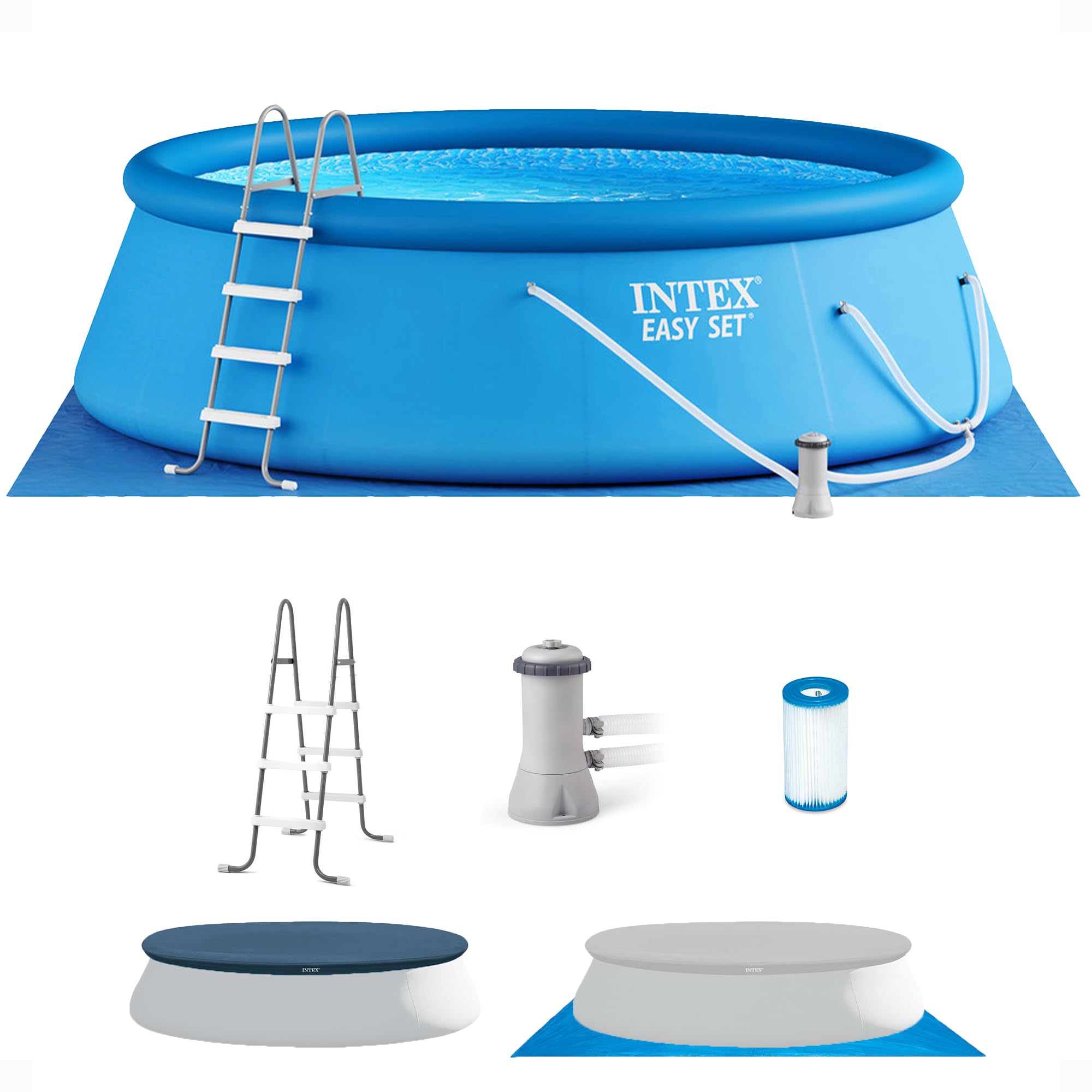 Intex 28167EH Easy Set Inflatable Swimming Pool Set - 15ft x 48in Round Above Ground Family Pool with 1000 GPH Filter Pump, Removable Ladder, Pool Cover & Ground Cloth | Perfect for Backyard Fun, Summer Parties & Kids Outdoor Activities