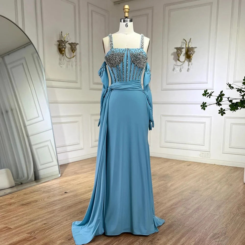 Serene Hill Dubai Luxury Evening Gown 2025 - Blue Mermaid Dress with High Slit & Spaghetti Straps - Elegant Gloves Included - Perfect for Weddings, Galas & Formal Events