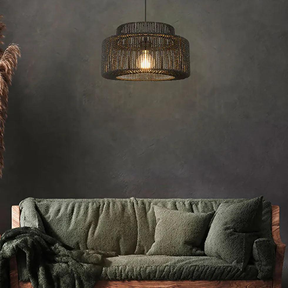 Modern Rattan Pendant Light Fixture - Dark Brown Woven Natural Fiber Chandelier for Dining Room, Kitchen Island & Bedroom Lighting