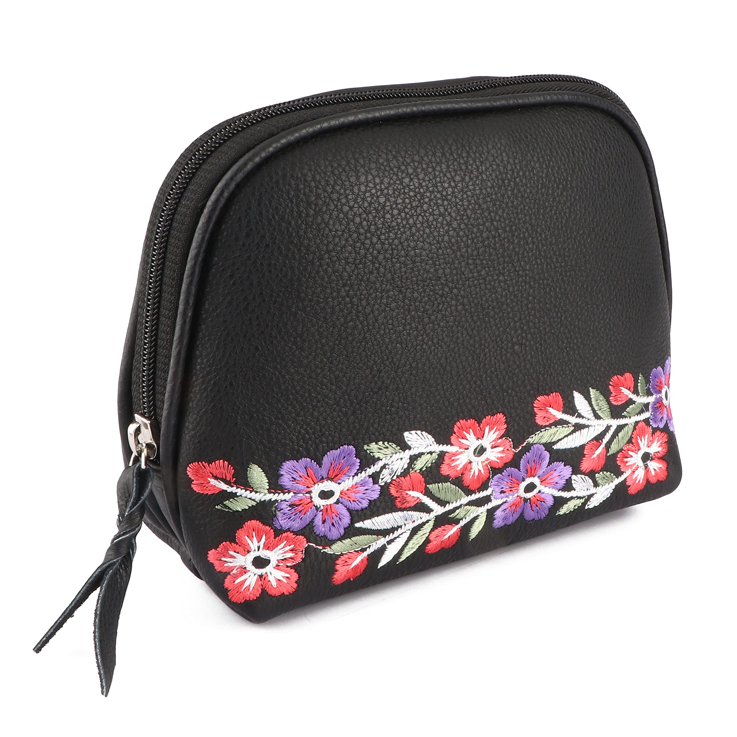 CHALLENGER Women's Black Leather Floral Embroidered Cosmetic Makeup Bag with Zipper - Perfect for Travel, Gym & Everyday Essentials (18BT07BK)