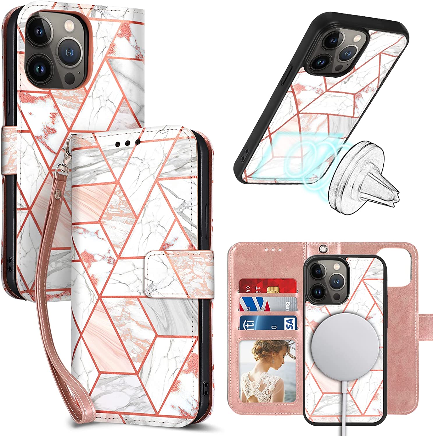 iPhone 14 Pro Max Magnetic Detachable Wallet Case - Rose Gold Luxury Phone Cover with Card Holder | Perfect for Travel, Shopping & Everyday Use