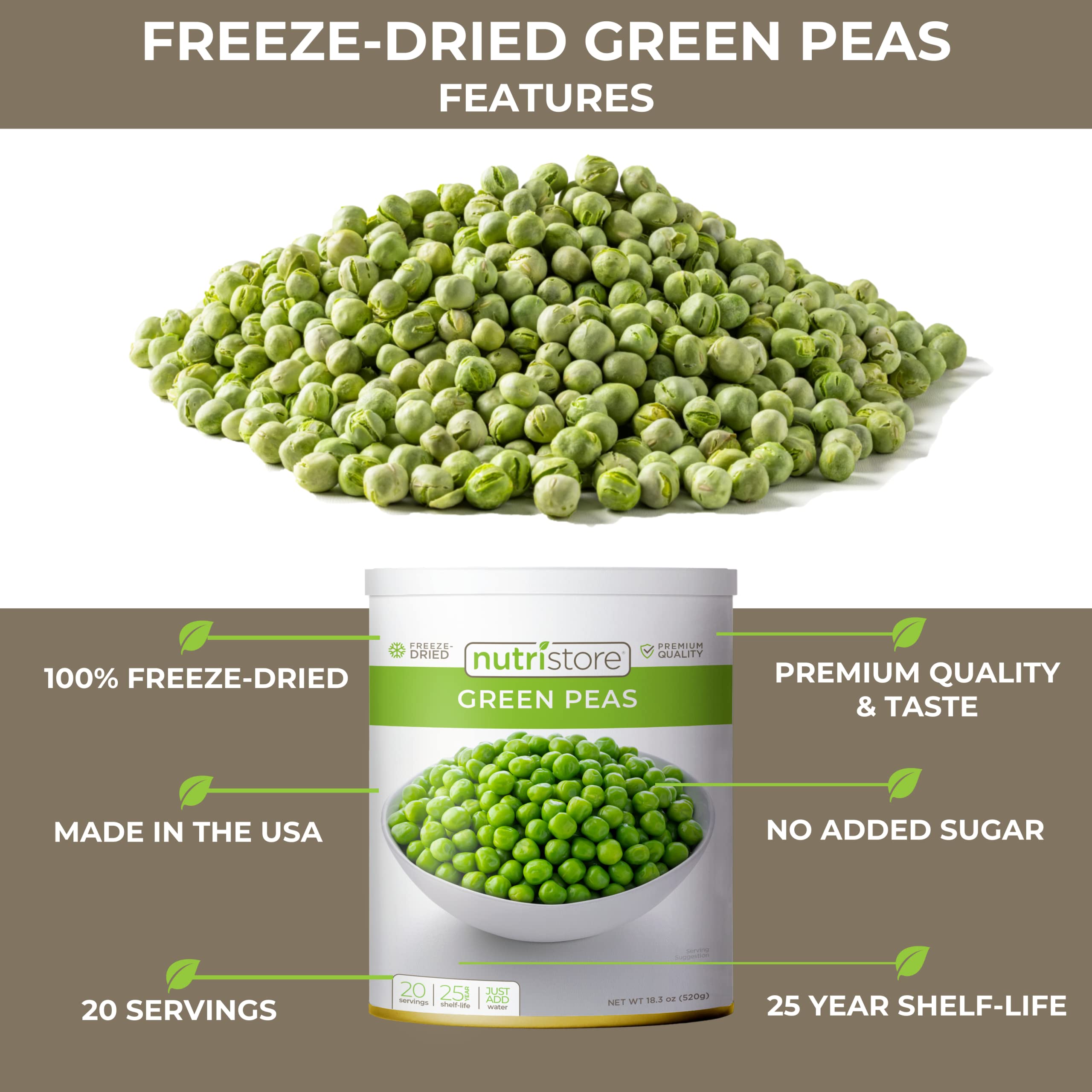 Nutristore Freeze Dried Green Peas - 4 Pack (160 Servings, 72 oz) | 25 Year Shelf Life | Healthy & Tasty Snack | Perfect for Camping, Hiking & Emergency Food Storage