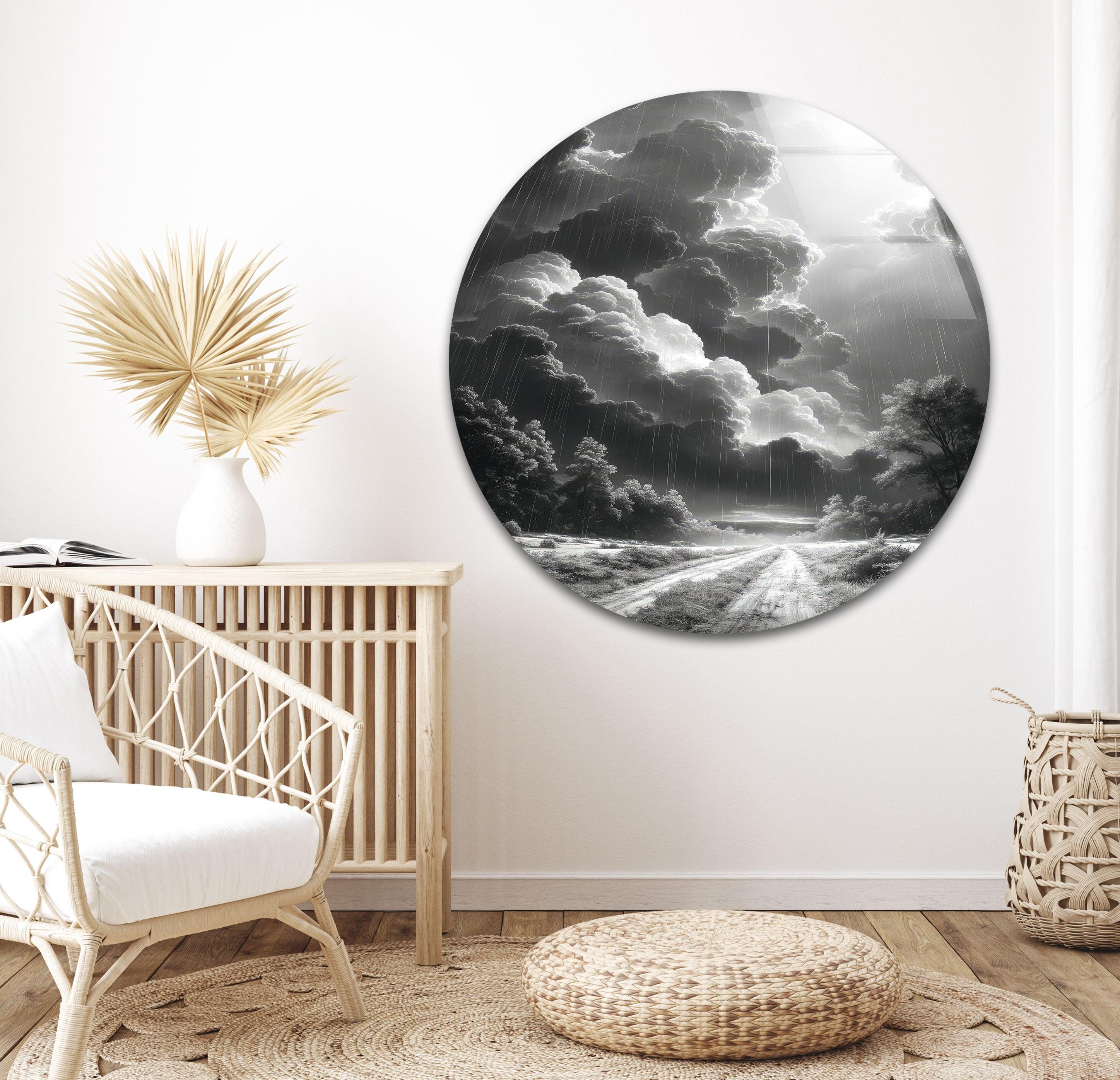 Black and White Storm Glass Wall Art - Dramatic Rainy Landscape Painting for Home & Office Decor - Perfect for Living Room, Bedroom, or Office Wall Decor