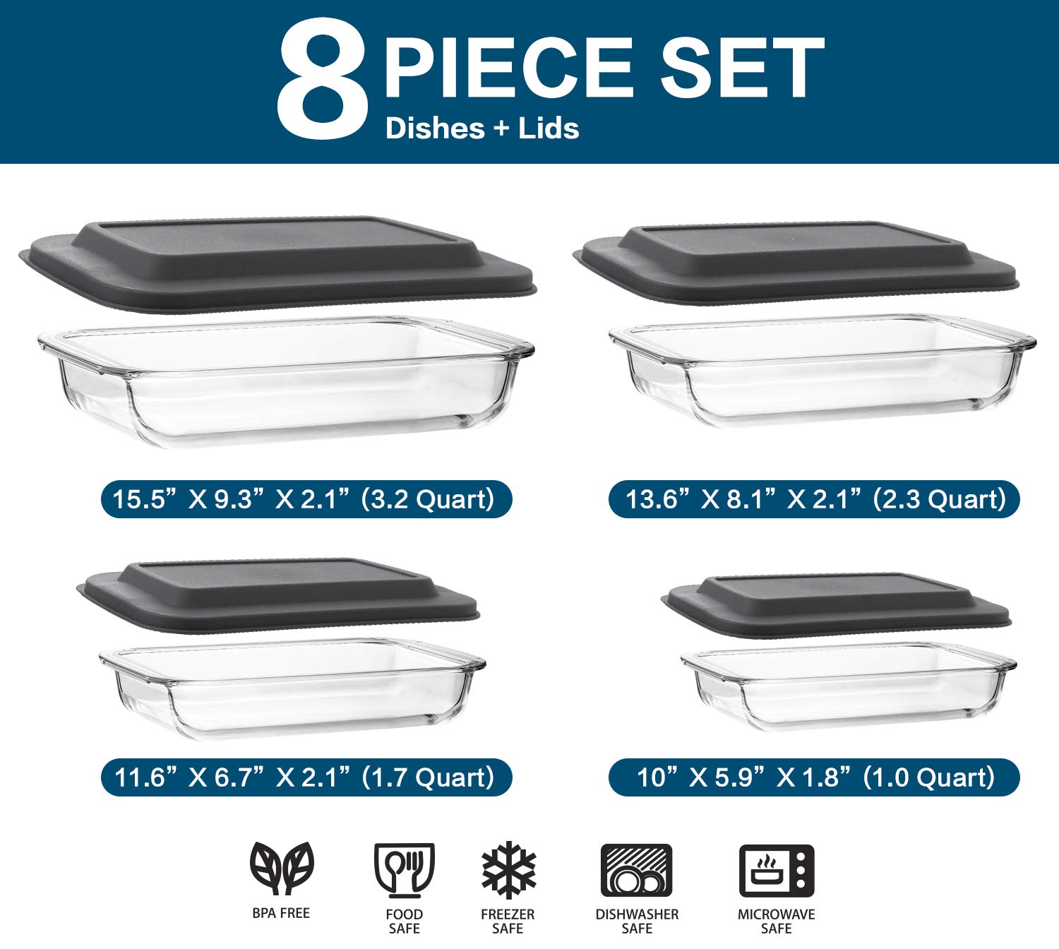 8-Piece Glass Baking Dish Set with Lids & 6-Piece Glass Measuring Cup Set - Oven Safe, Microwave Safe Kitchen Essentials for Baking, Cooking, Meal Prep & Storage