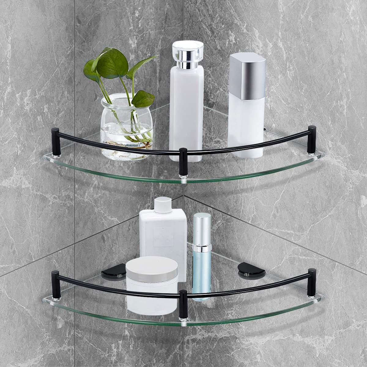 2 Pack Tempered Glass Corner Shower Shelf - Wall Mounted Floating Bathroom Shelf with Rail for Shampoo, Soap & Toiletries - Perfect for Small Spaces & Modern Shower Organization