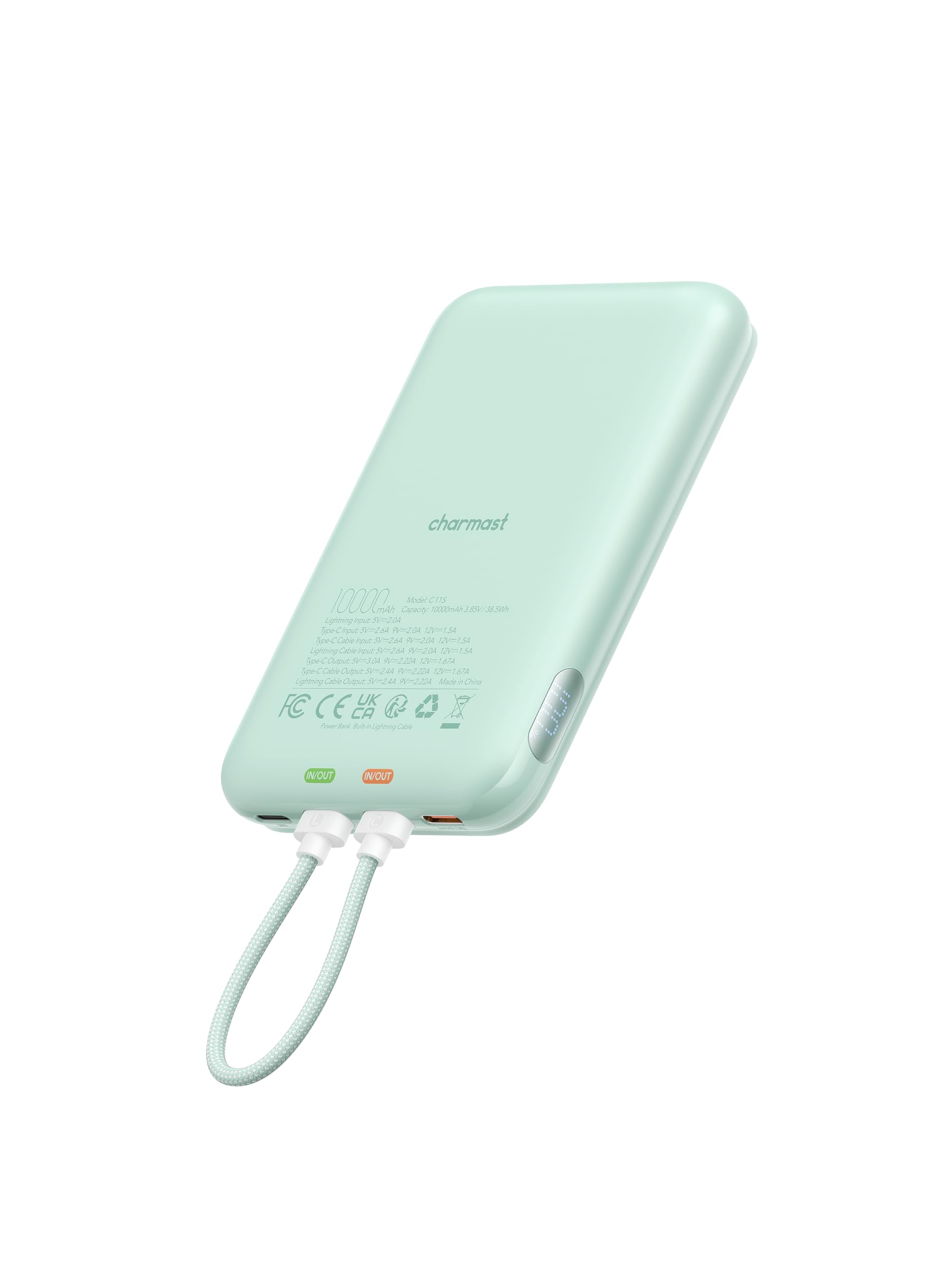 Charmast 10000mAh Portable Charger with Digital Display - 20W Fast Charging Power Bank with Removable Cable for iPhone 15/14/13, Samsung Galaxy, Android Phones - Perfect for Travel, Commuting & Outdoor Activities