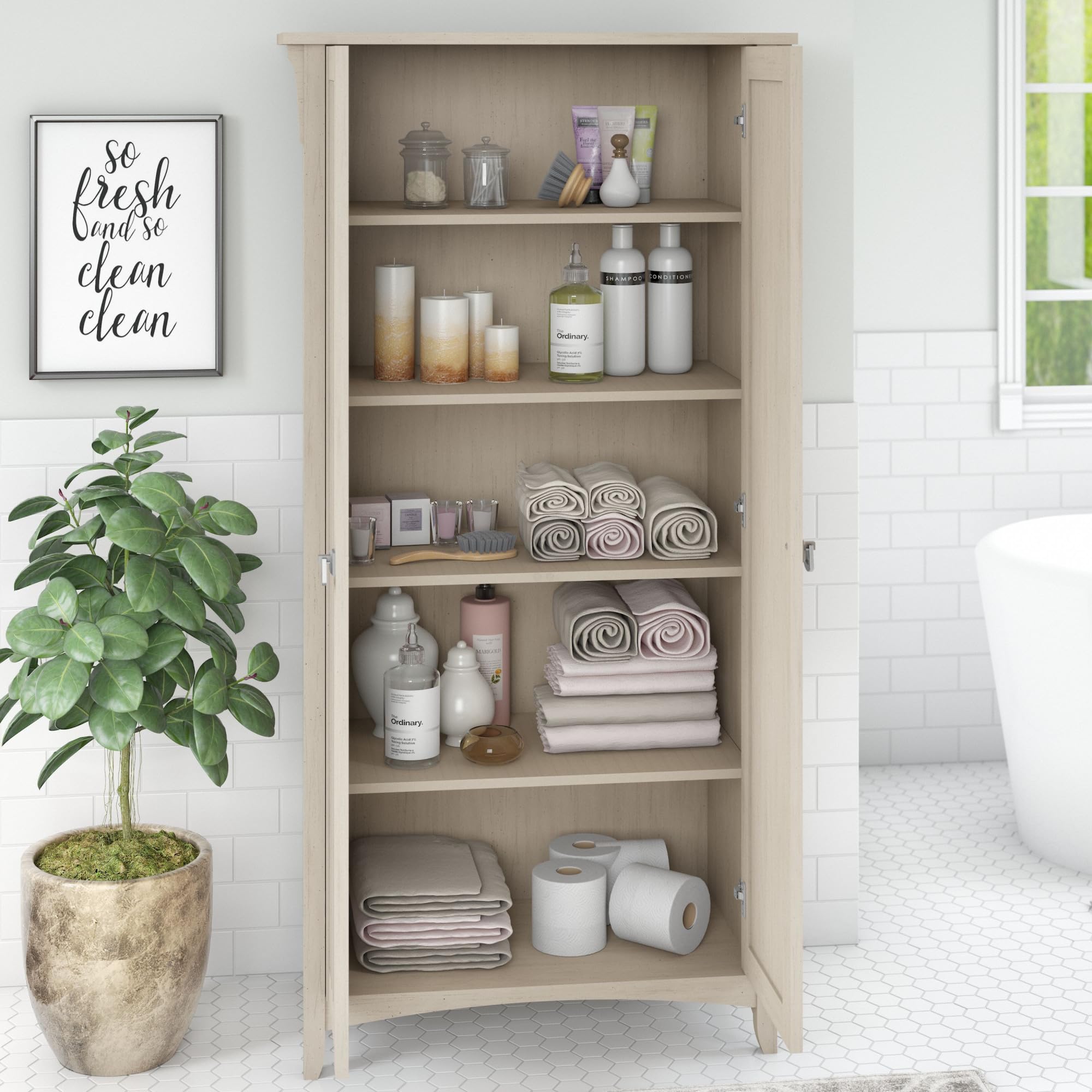 Bush Furniture Salinas Bathroom Storage Cabinet with Doors - Antique White Finish - Perfect for Bathroom Organization, Towel Storage & Small Space Decor