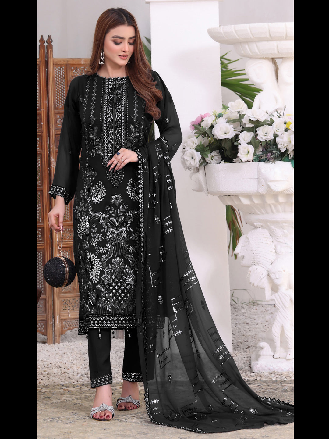 Elegant Black Georgette Semi-Stitched Pant Suit with Intricate Embroidery - Perfect for Weddings, Parties & Formal Events