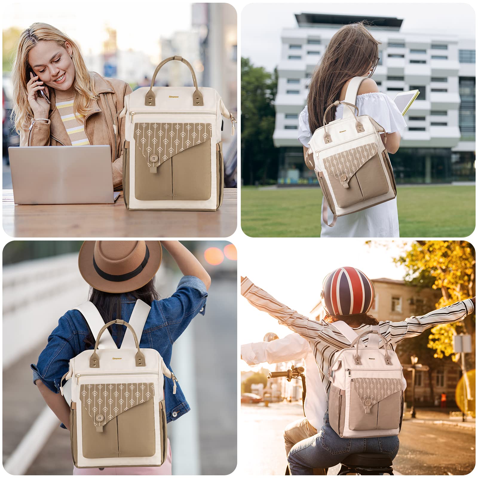 Stylish Water-Resistant Laptop Backpack for Women with USB Charging Port - Durable 17-Inch Laptop Bookbag for College Students, Teachers, Doctors & Nurses - Perfect for Work, School & Travel (Khaki Beige)
