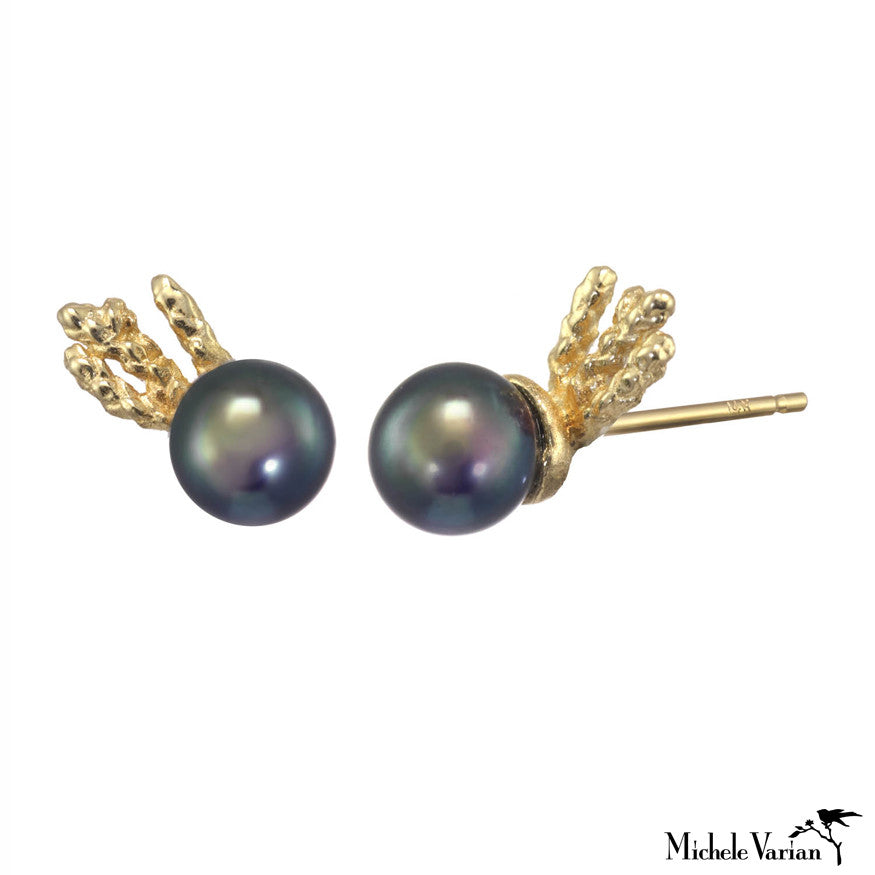 Dark Akoya Pearl Stud Earrings - 7mm Genuine Cultured Pearls for Women, Hypoallergenic 14K Gold Plated, Elegant Gift for Brides, Anniversary & Formal Occasions