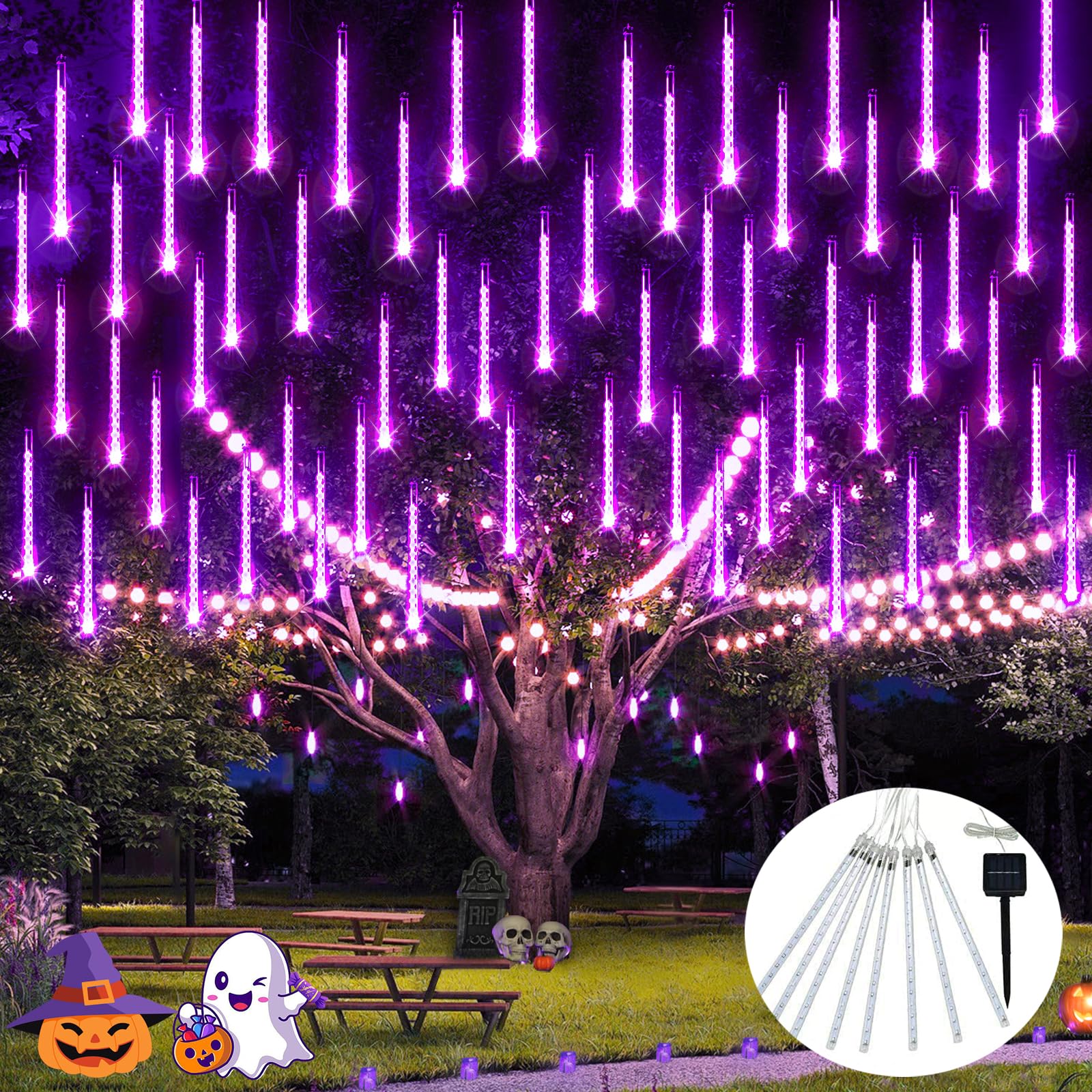 JMEXSUS 144 LED Solar Meteor Shower Lights Outdoor - 8 Tube Waterproof Christmas Lights for Tree, Halloween, Patio, Yard & Holiday Party Decor (Purple) - Perfect for Garden, Pathway, and Festive Celebrations