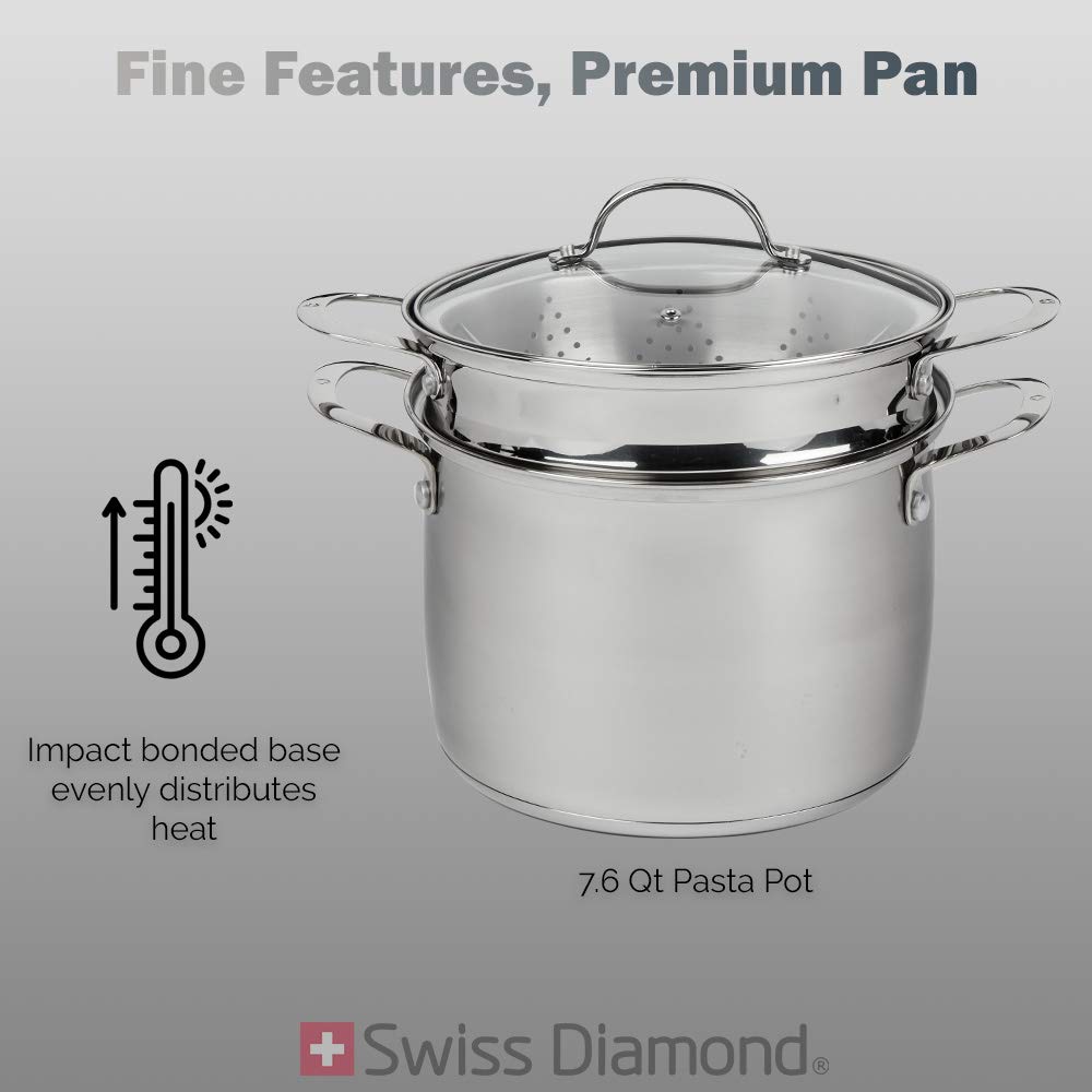 Swiss Diamond 3-in-1 Stainless Steel Cookware Set – 7.6 Quart Stock Pot, Cooking Pot & Pasta Pot with Strainer, Vegetable Steamer Basket & Lid – Oven Safe, Dishwasher Safe with Stay-Cool Handles – Perfect for Soups, Stews & Pasta Cooking