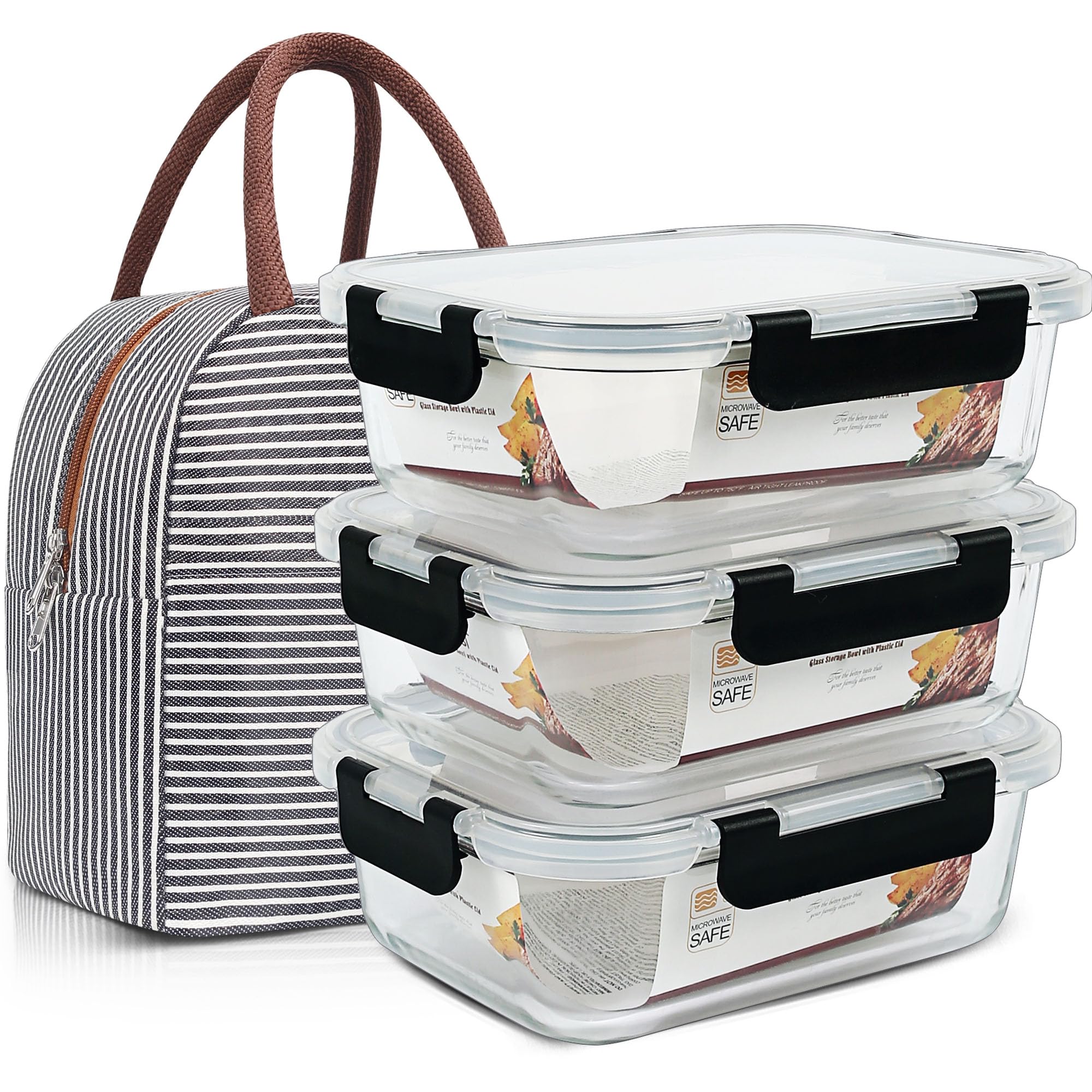 DAS TRUST 3-Pack Airtight Glass Food Storage Containers with Lids - Reusable Meal Prep, Fridge Organizer & Lunch Box for Adults - Perfect for Pizza, Salad, Leftovers & Office/School Meal Prep