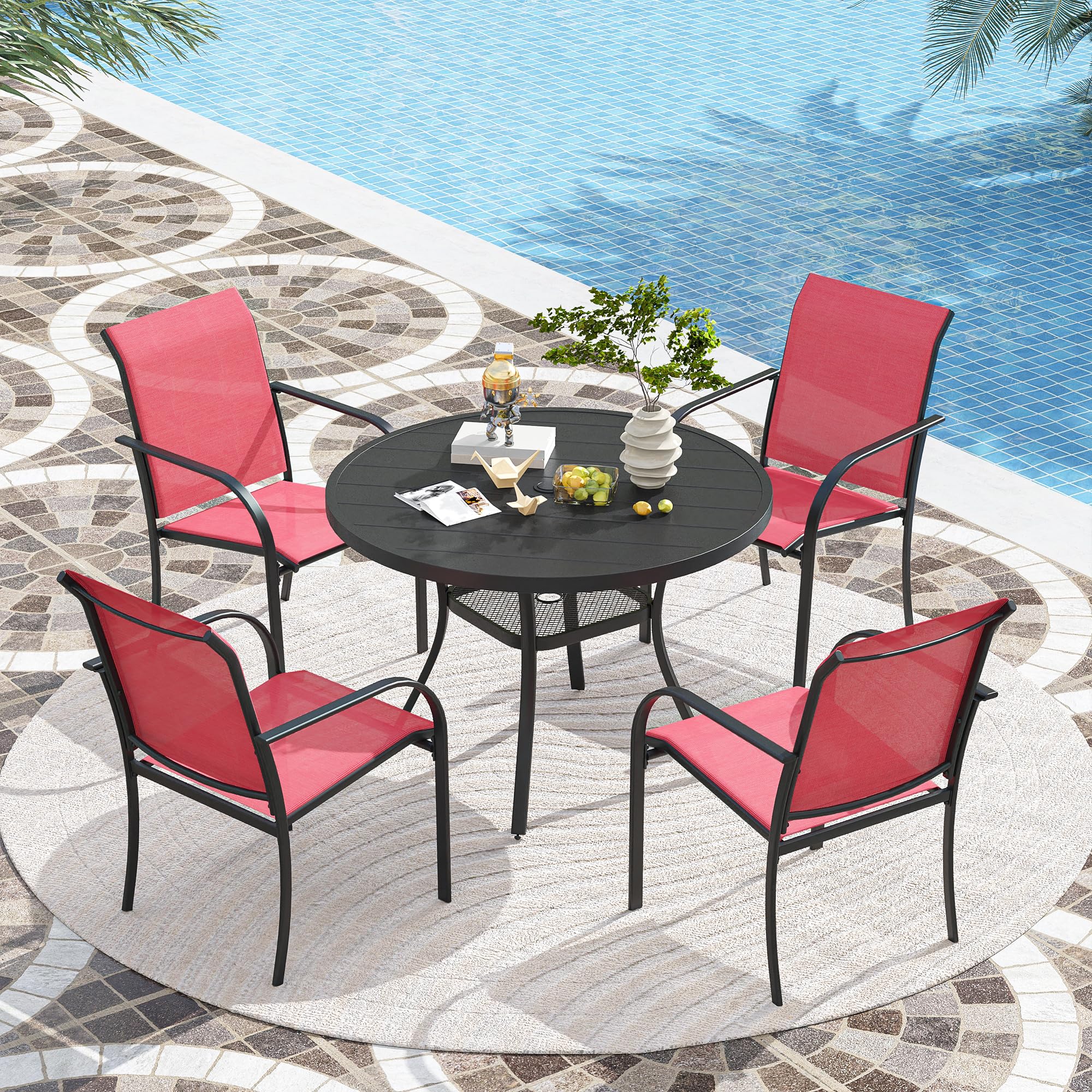 VICLLAX 4-Piece Stackable Patio Dining Chairs Set - Outdoor Metal Frame Chairs for Front Porch, Backyard, Garden & Deck - Weather-Resistant Red - Perfect for Outdoor Entertaining & Relaxation
