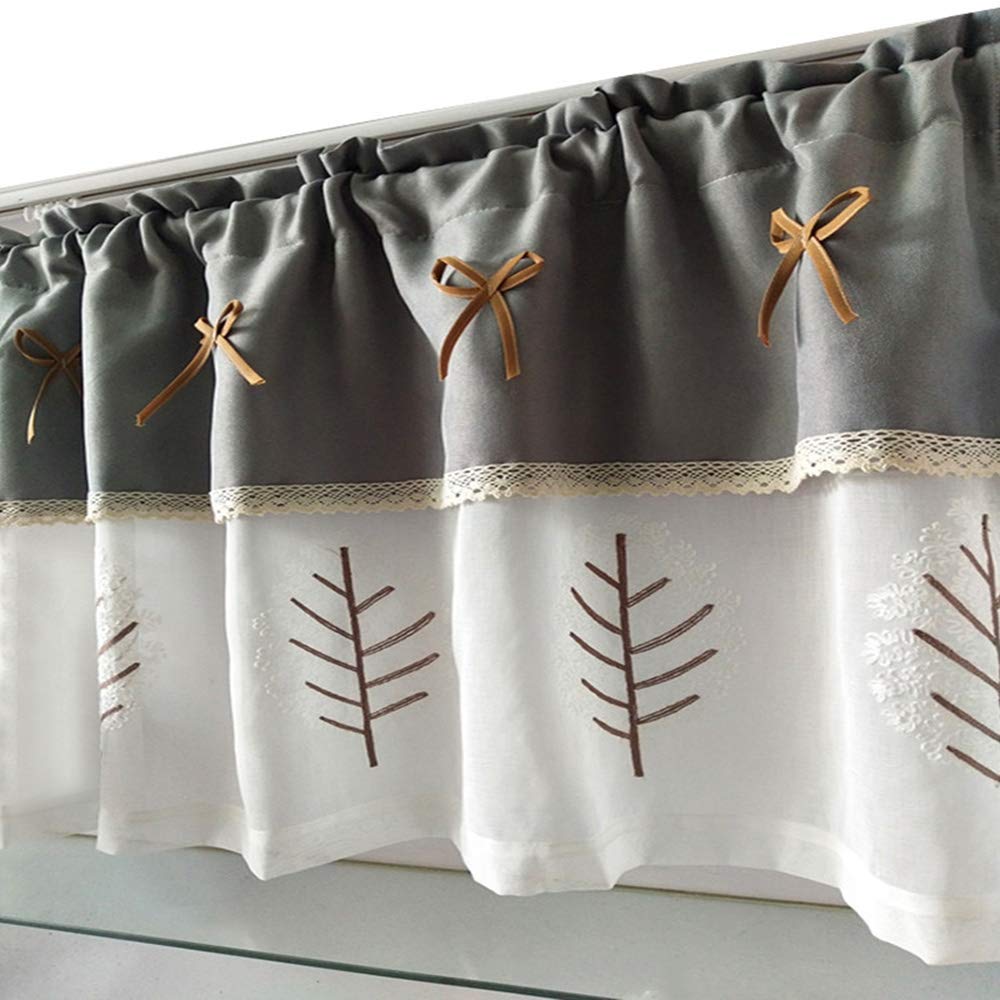 XBSXP Half Kitchen Curtain - Linen Voile Cafe Curtain with Bowknot for Small Windows in Kitchen, Bathroom or Living Room - Lightweight Tier Curtain with Lace Trim for Privacy & Decoration
