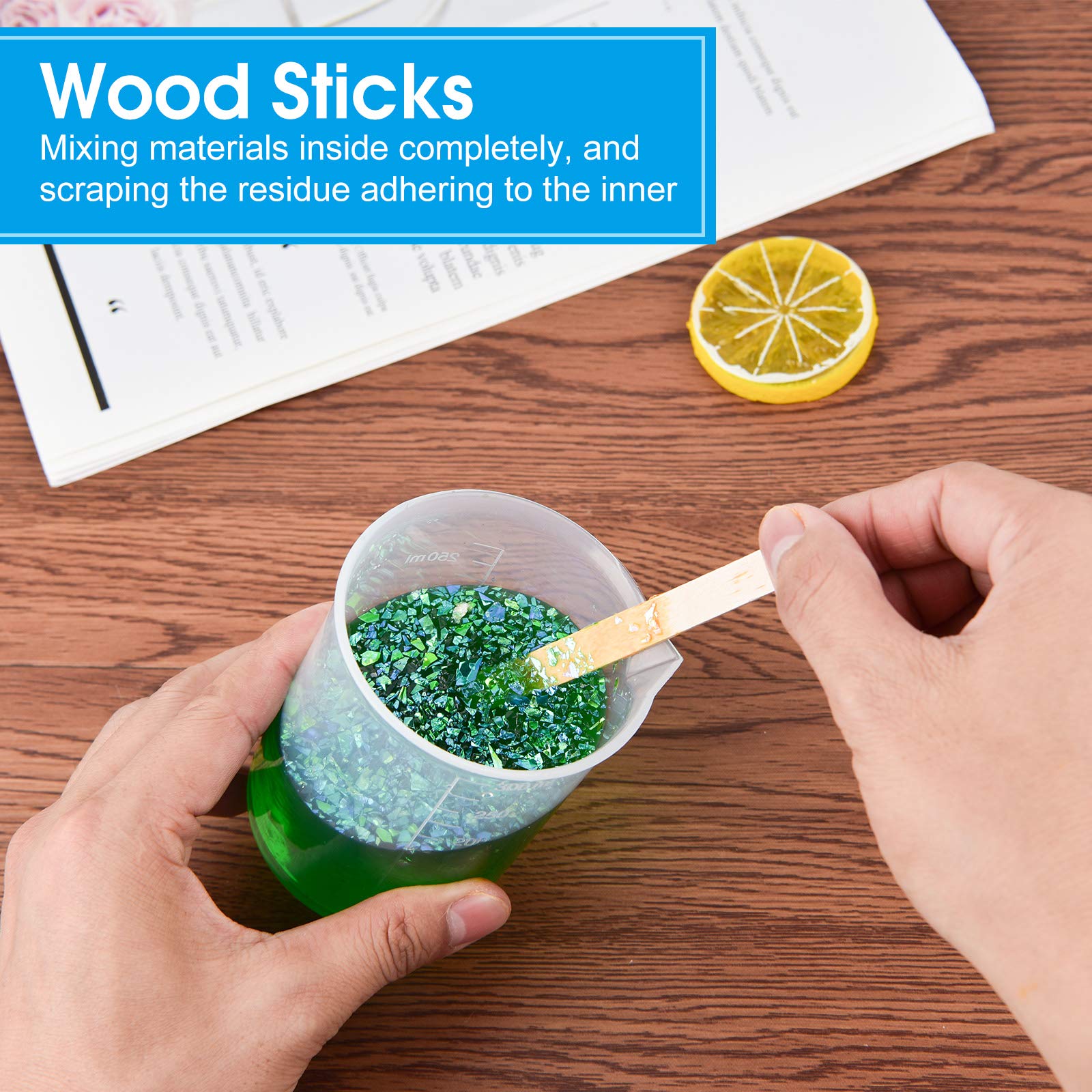 Coopay 12-Pack 300ml/10.1oz Clear Plastic Beakers - Epoxy Resin Mixing Cups with Measurement Marks & 50 Wooden Stir Sticks - Ideal for DIY Crafts, Paint Mixing, Science Experiments & Lab Use