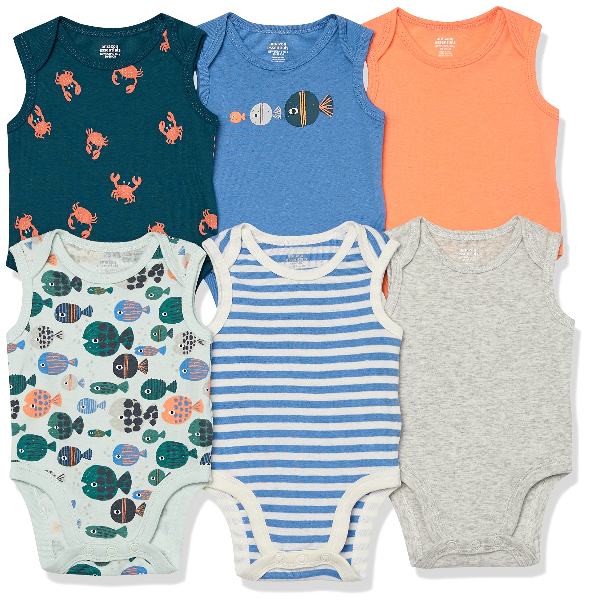 Amazon Essentials Unisex Babies' Sleeveless Bodysuits, 6-Pack - Soft Cotton Baby Onesies for Newborns & Infants, Perfect for Summer, Playtime & Everyday Wear
