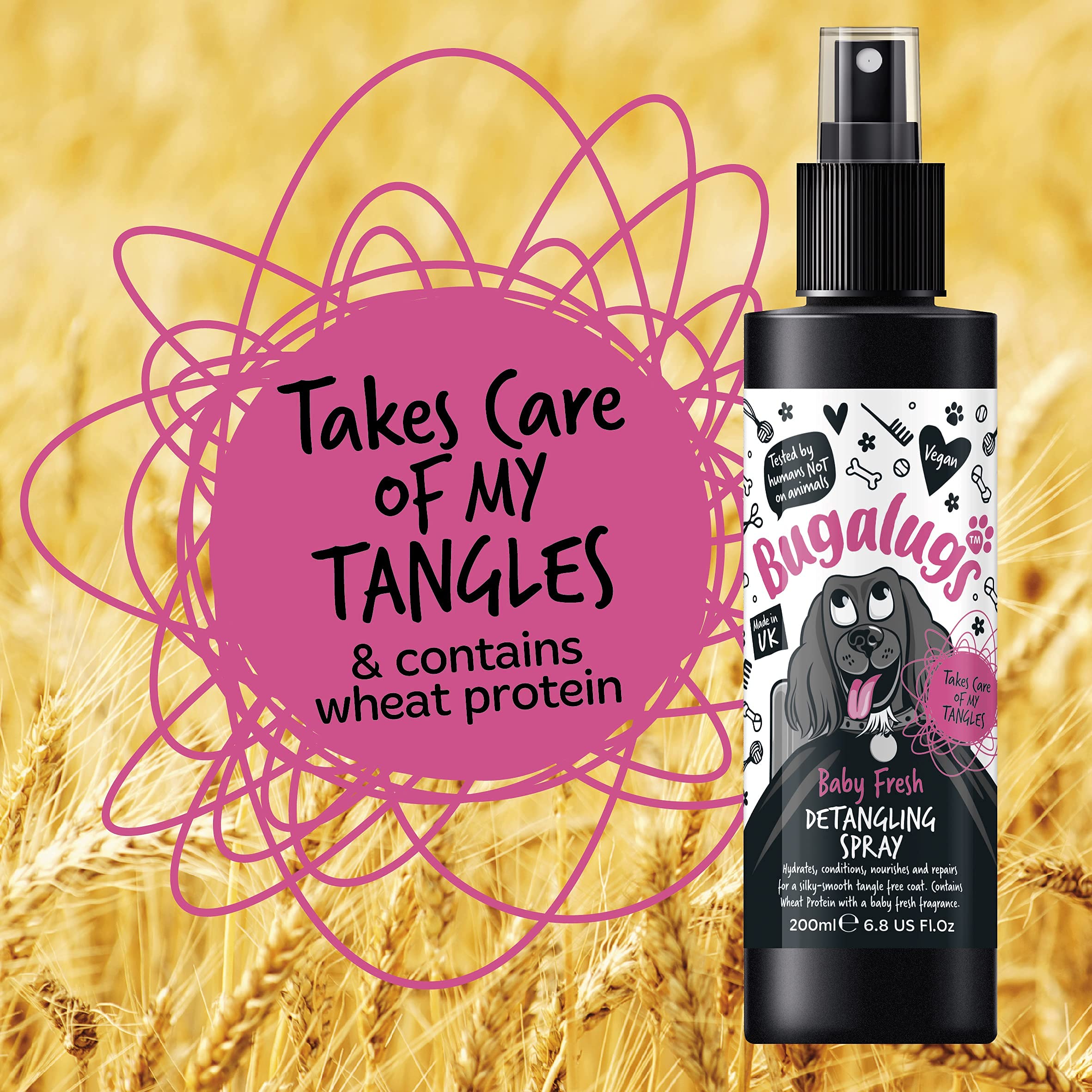 BUGALUGS Baby Fresh Dog Detangler Spray - 200ml Professional Dog Grooming Spray with Baby Powder Scent | Tangle-Free Hair Conditioner for Puppies & Dogs | Perfect for Daily Grooming, Show Prep & Post-Bath Care