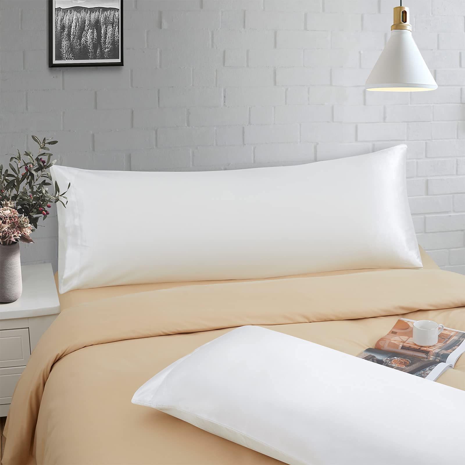 Ersmak 2-Pack Satin Body Pillow Cover Set - 20x54 Inches Ivory White | Ultra Soft Cooling Satin Pillowcase for Hair & Skin Care | Silky Smooth Long Side Pillow Case with Envelope Closure | Perfect for Bedroom, Travel & Beauty Sleep