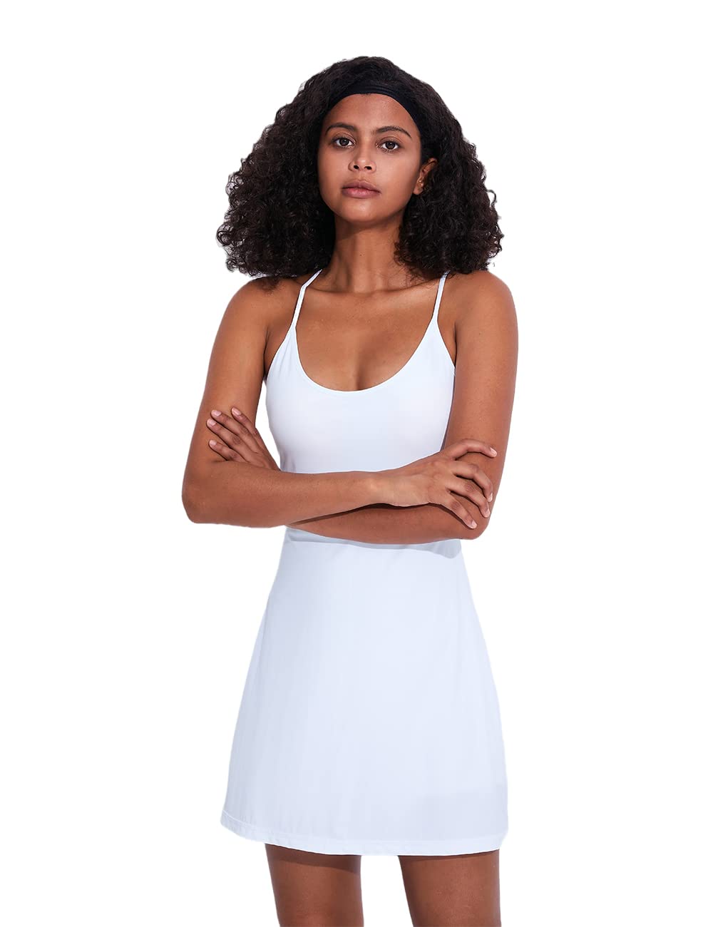 Women's Workout Dress with Built-in Bra & Shorts - Sleeveless Tennis Golf Athletic Dress with Pockets - Breathable & Comfortable for Yoga, Running, Gym - White Size M