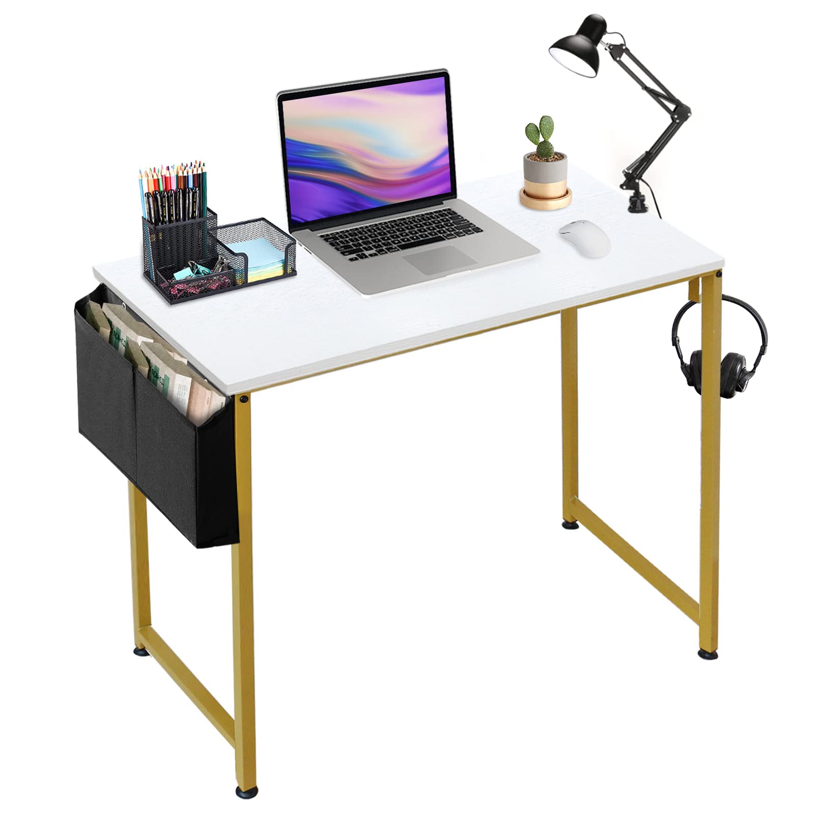 DLisiting Small White Computer Desk - 31 Inch Modern Simple Home Office Writing Table for Bedroom, Student, Teens Study & Small Spaces Work, PC Laptop Desk with Storage, White & Gold Finish - Perfect for Dorm Rooms, Apartments and Compact Workspaces