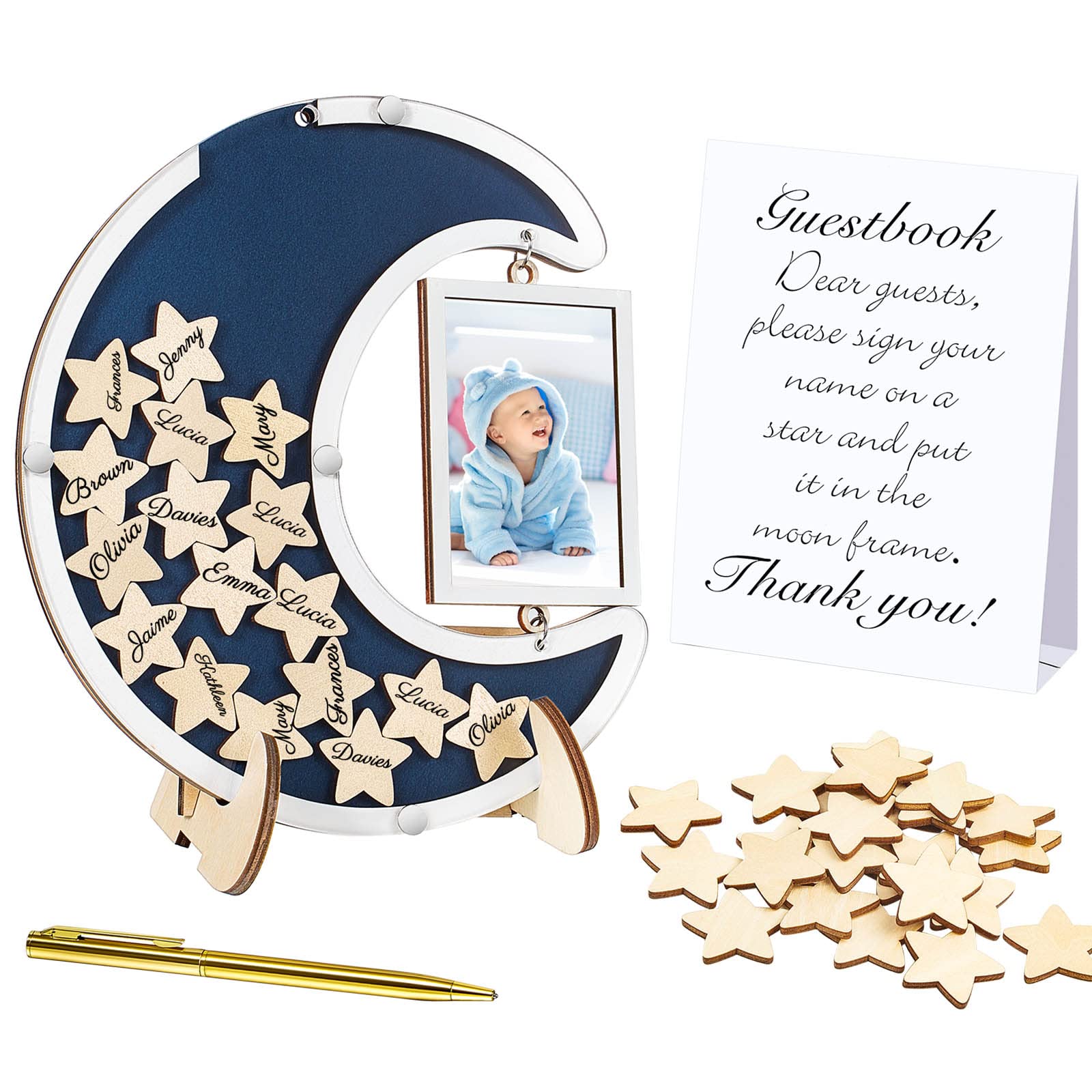 Yookeer Moon-Shaped Guest Book with Wood Star Cutouts - Alternative Baby Shower Guest Book with Photo Frame for Weddings, Birthdays & Special Events - Perfect Keepsake Gift (Medium, Navy Blue) - Ideal for Baby Showers, Wedding Signings & Birthday Party Memories
