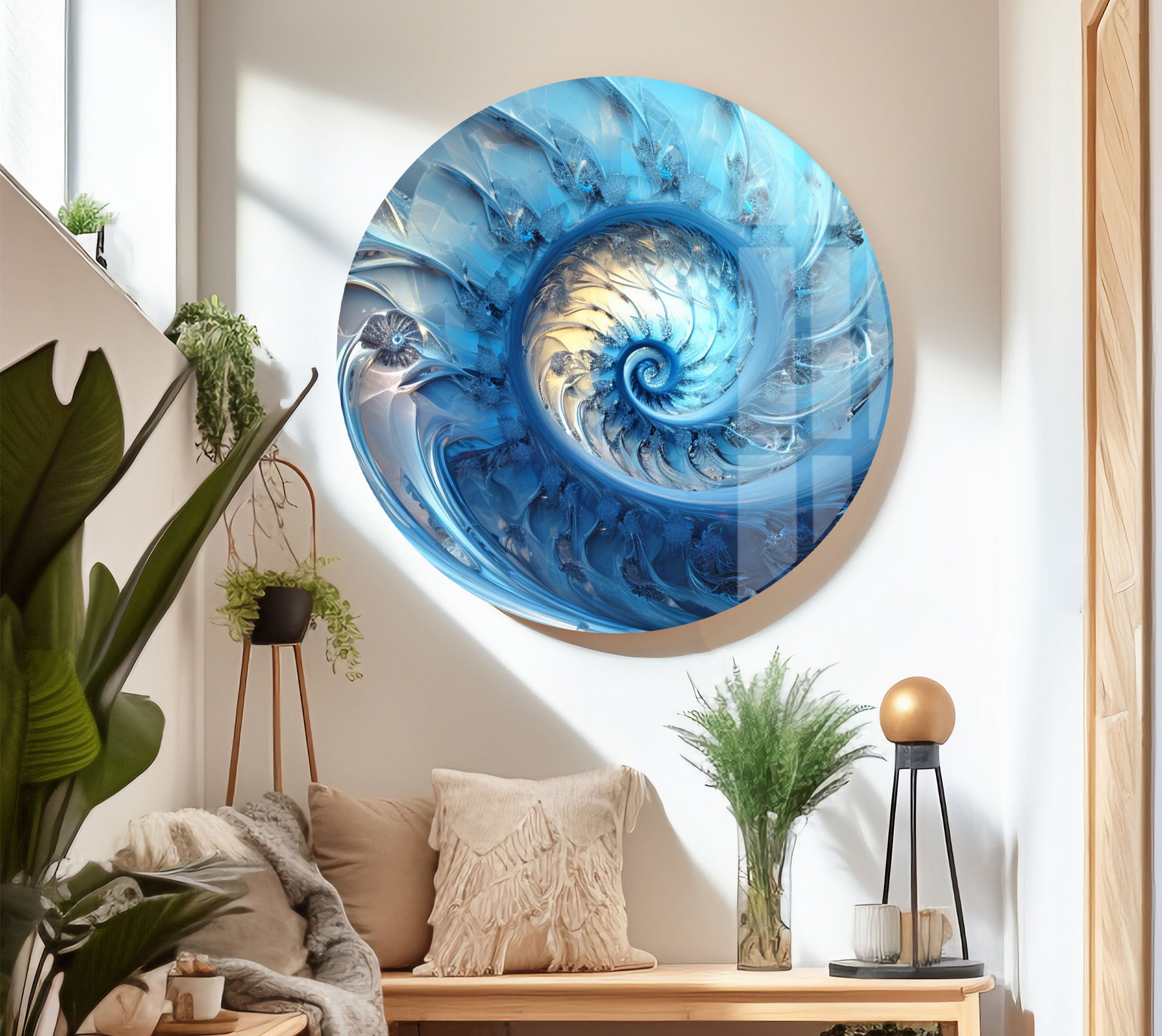 Blue Fractal Spiral Wall Art - Abstract Nautilus Glass Print for Modern Living Room & Office Decor | Perfect for Contemporary Home & Workspace Interiors