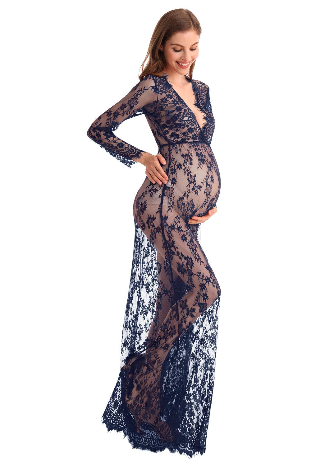 MYRISAM Women's Deep V-Neck Lace Maternity Dress - Elegant Long Sleeve Boudoir Gown for Wedding, Party & Milk Bath Photoshoot - Perfect for Maternity Photos, Bridal Showers & Romantic Occasions