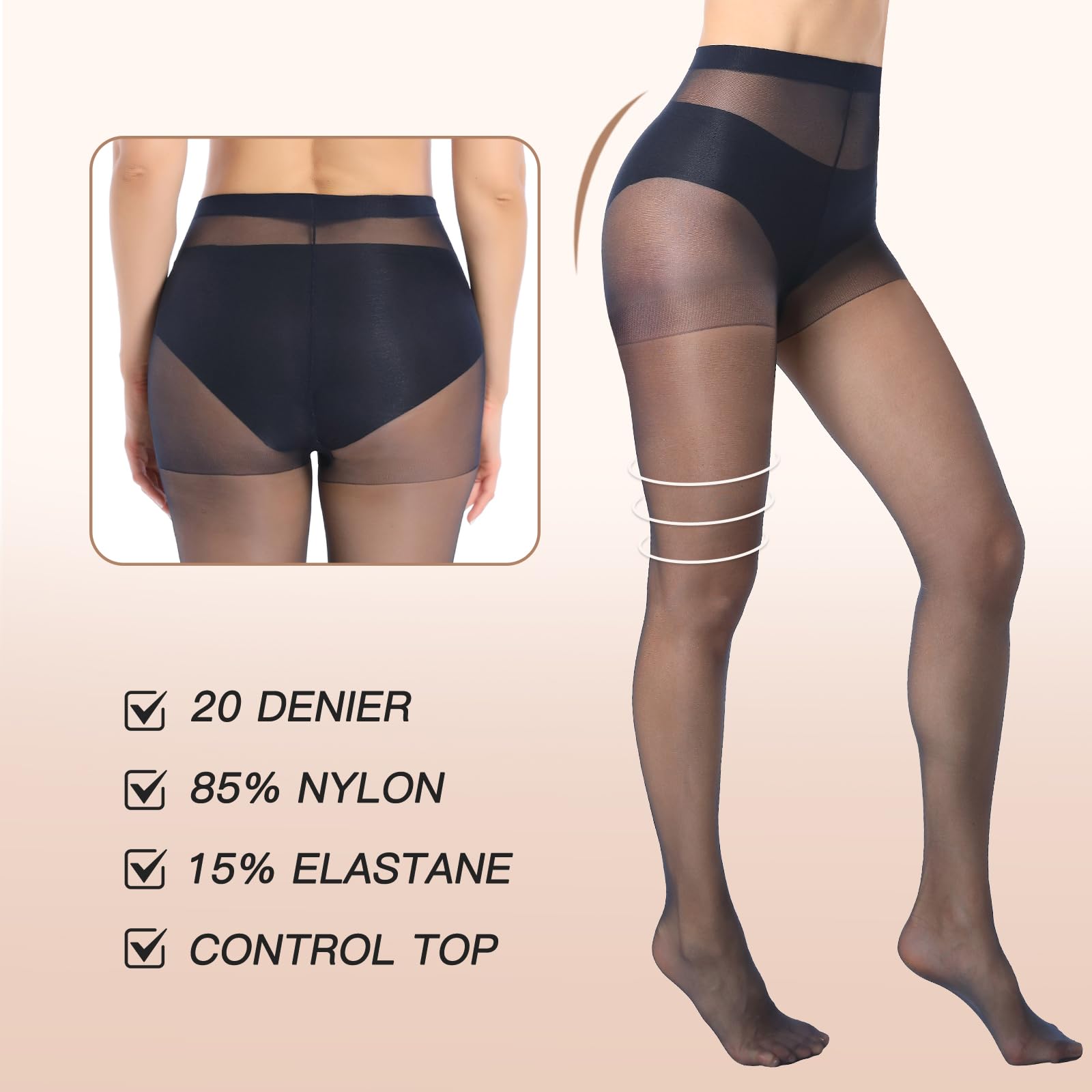 MANZI 6 Pairs 20D Women's Sheer Tights - Ultra Thin High Waist Pantyhose & Thigh Stockings for Work, Party & Everyday Wear
