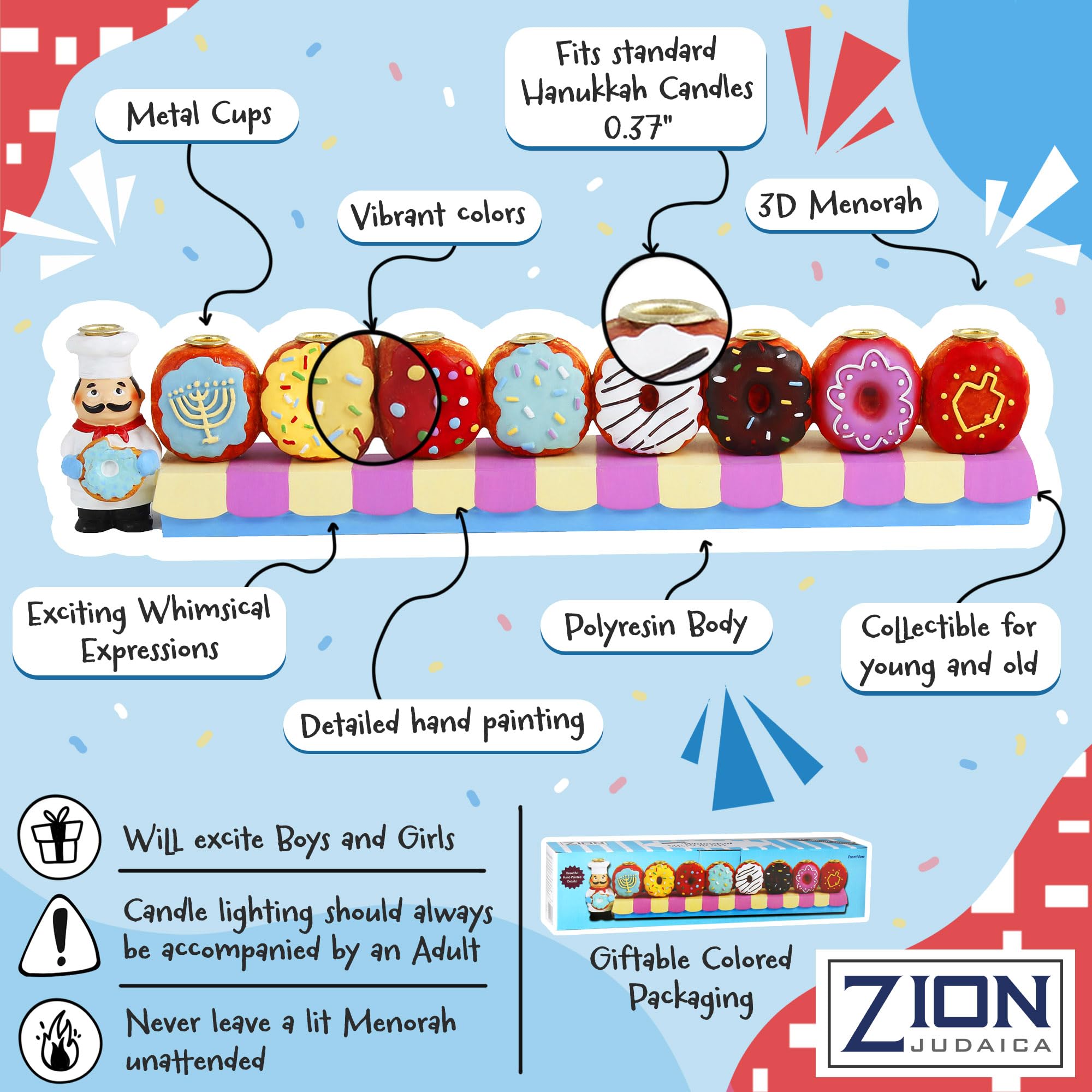 Hand-Painted Baker & Doughnuts Children's Candle Menorah - Traditional Chanukah Sofganiyot Design Fits Standard Hanukkah Candles - Collectible Hanukkiyah by Zion Judaica - Perfect for Kids' Hanukkah Celebrations & Jewish Holiday Decor