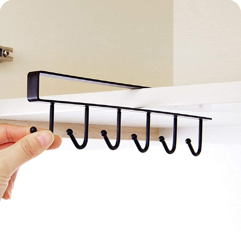 SAKSAA 6-Hook Stainless Steel Door Organizer - Space Saving Mug Cup Holder & Hanger Rack for Kitchen, Cabinet, Bathroom | Perfect for Organizing Coffee Cups, Towels, Keys & More (Black)