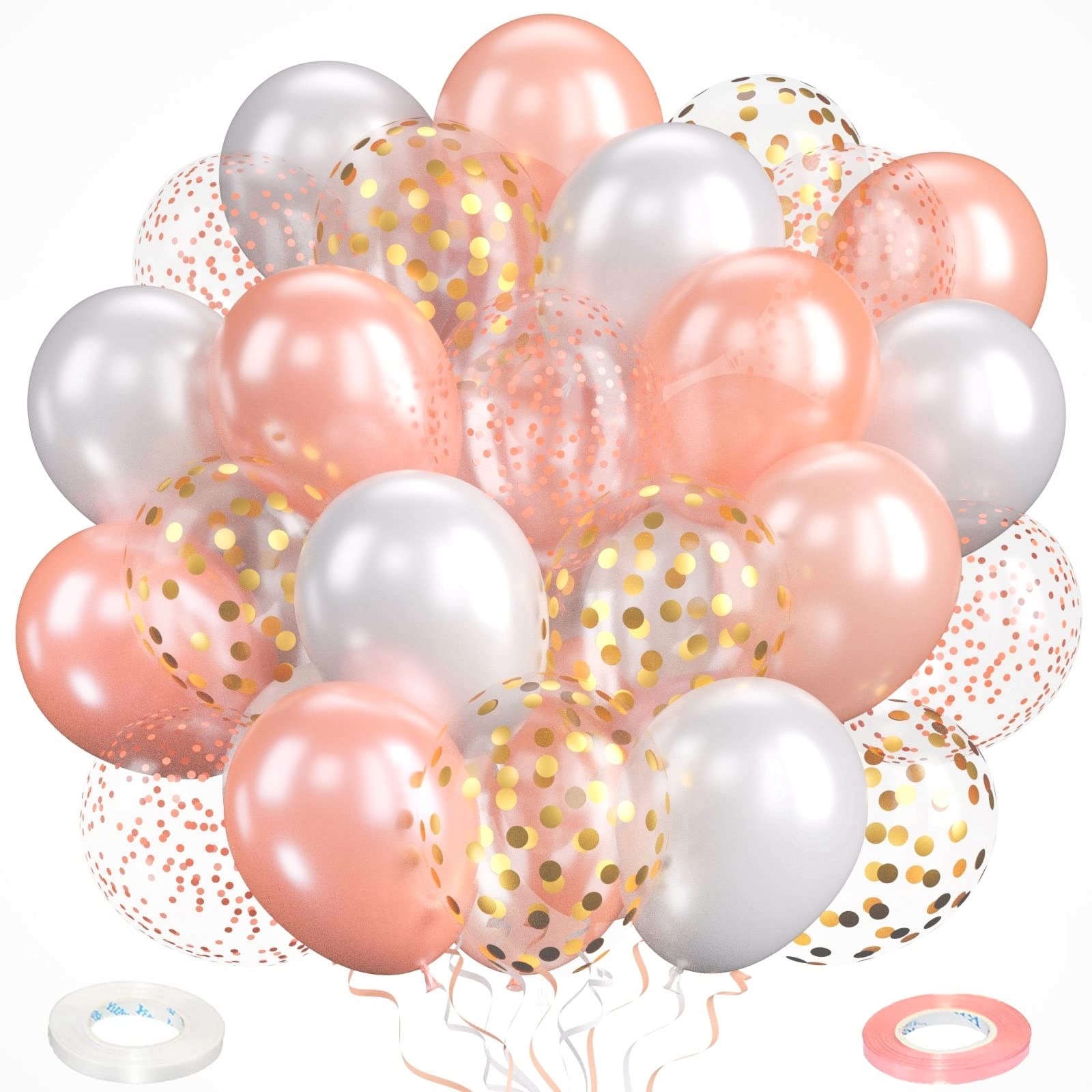 60 Pcs Rose Gold Confetti Balloons - Pearl Rose Gold & White Latex Balloons with Gold Confetti for Helium Decoration | Perfect for Birthday, Wedding, Bridal Shower, Baby Shower & Hen Party Decorations