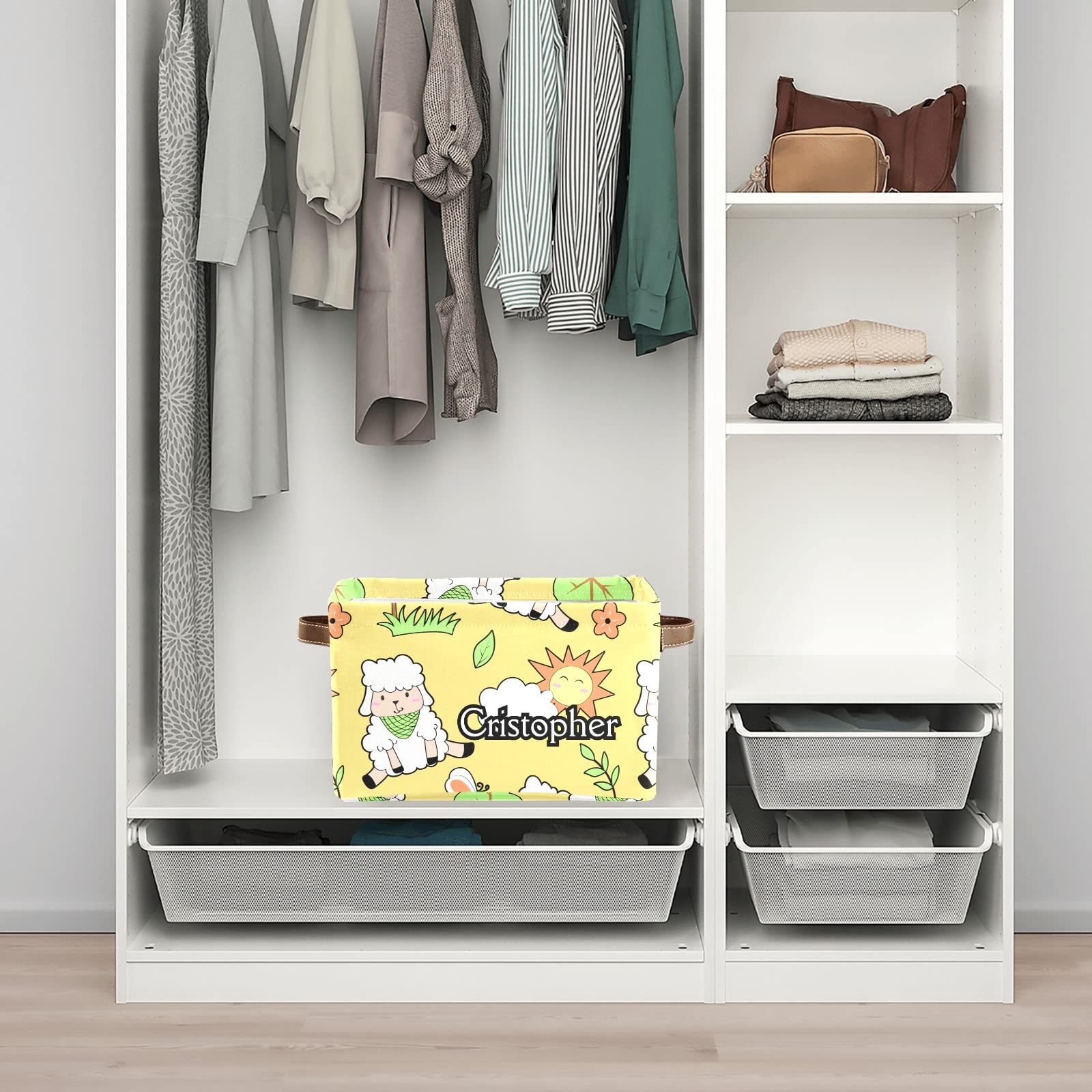 Custom Personalized Collapsible Storage Bins - Cute Sheep Design Decorative Basket with Handles, Rectangular Closet Organizer (1 Pack) | Perfect for Bedroom, Nursery & Home Organization