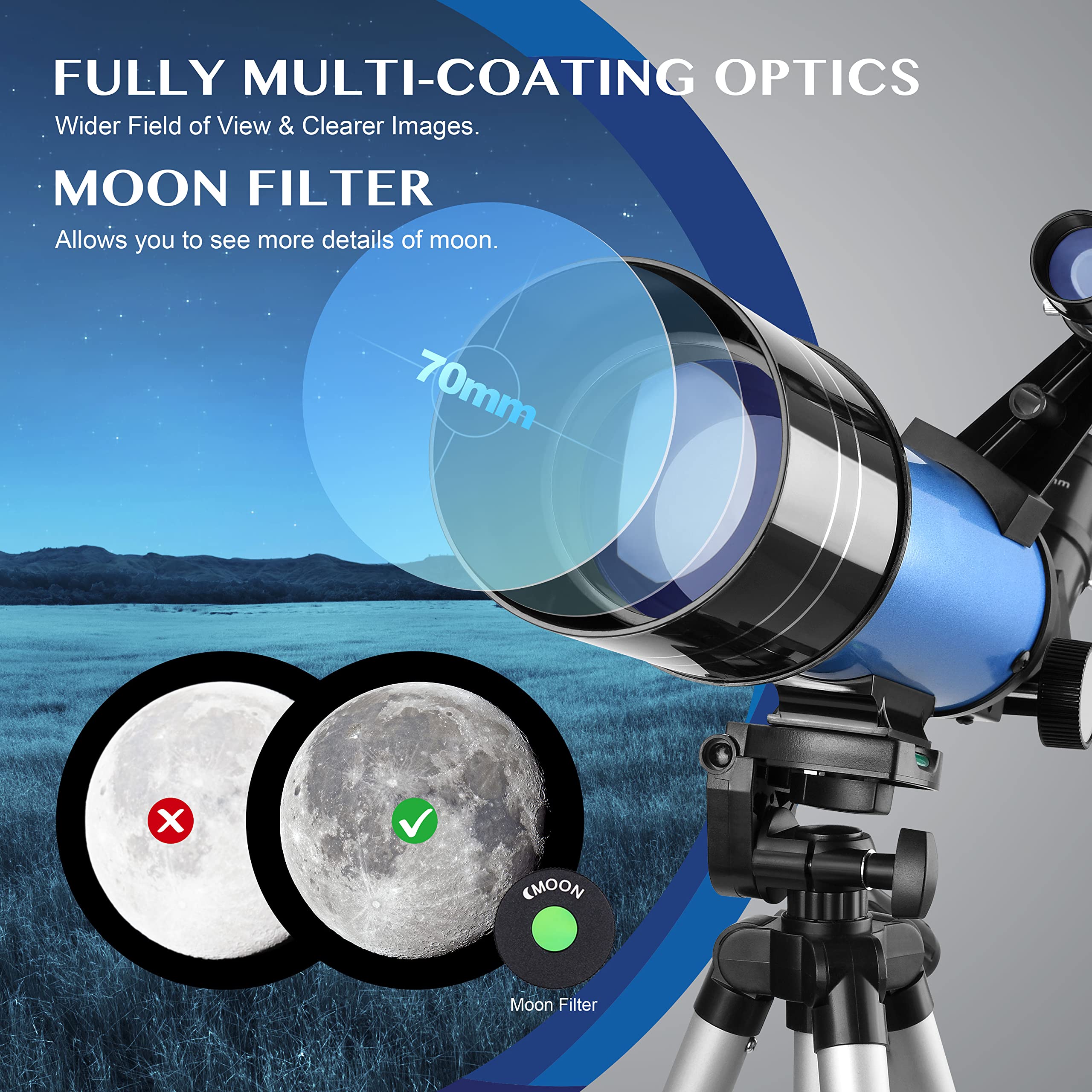 AOMEKIE 40070 70mm Astronomical Telescope for Adults & Kids - Beginner Astronomy Telescope with Adjustable Tripod, K6/25 Eyepieces & Phone Adapter - Perfect for Stargazing, Moon Observation & Outdoor Exploration