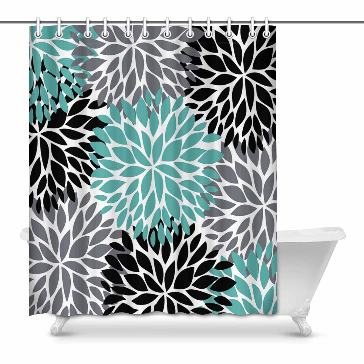 INTERESTPRINT Dahlia Pinnata Flower Teal Black Gray Waterproof Fabric Shower Curtain 60x72 Inches - Elegant Bathroom Decor for Modern Homes, Spa-Like Retreat & Guest Bathroom Upgrade