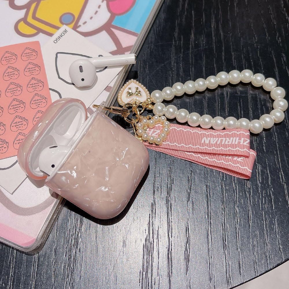 Pearl Keychain AirPods Case Cover - Protective Skin for AirPods 1/2 Charging Case, Cute Pink Earbud Accessories - Perfect for Travel, Gym & Daily Use
