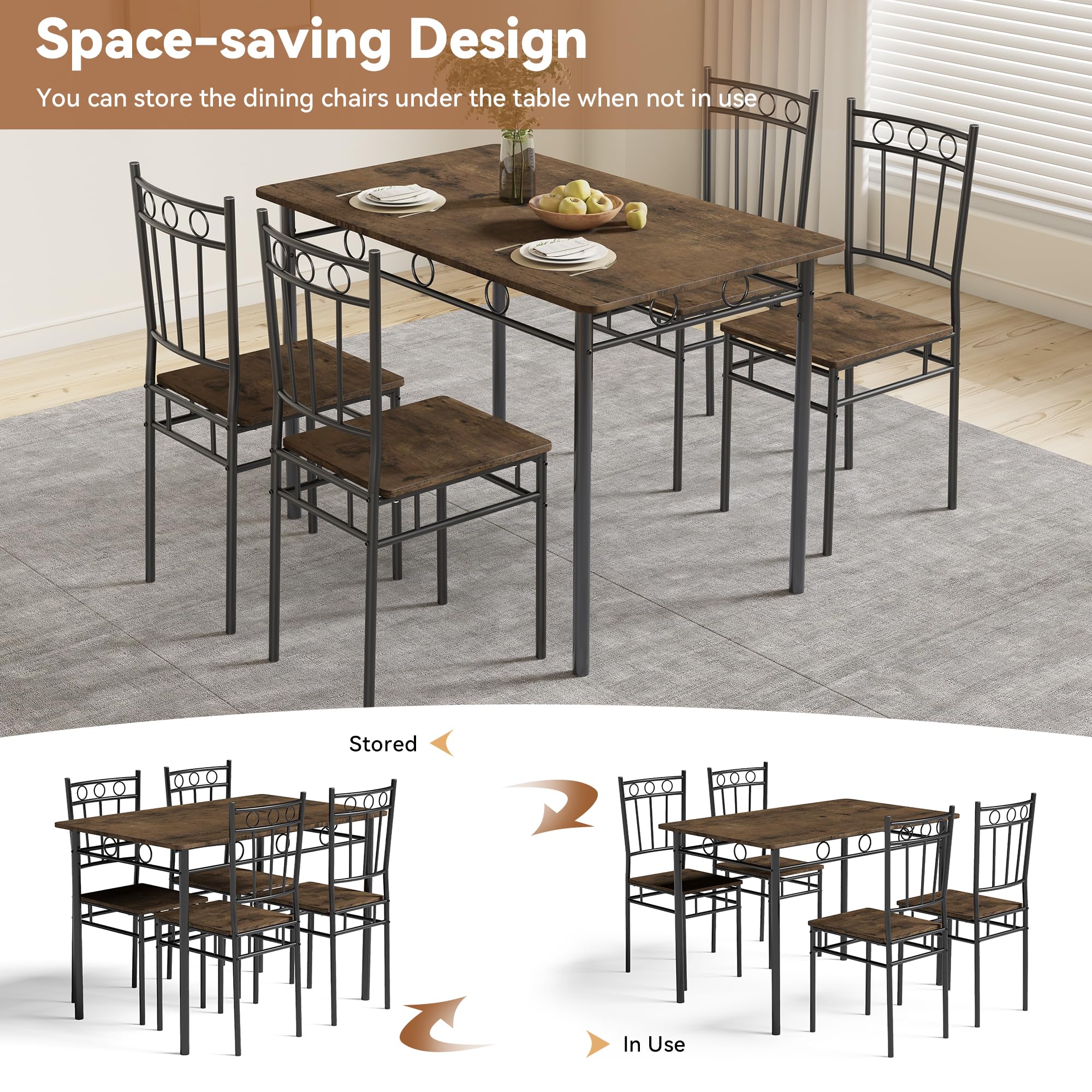 5-Piece Retro Brown Dining Table Set for 4 - Space-Saving Rectangular Kitchen Table with 4 Chairs - Perfect for Small Spaces, Apartments & Dinettes - Ideal for Family Meals, Breakfast Nooks & Cozy Dining Areas