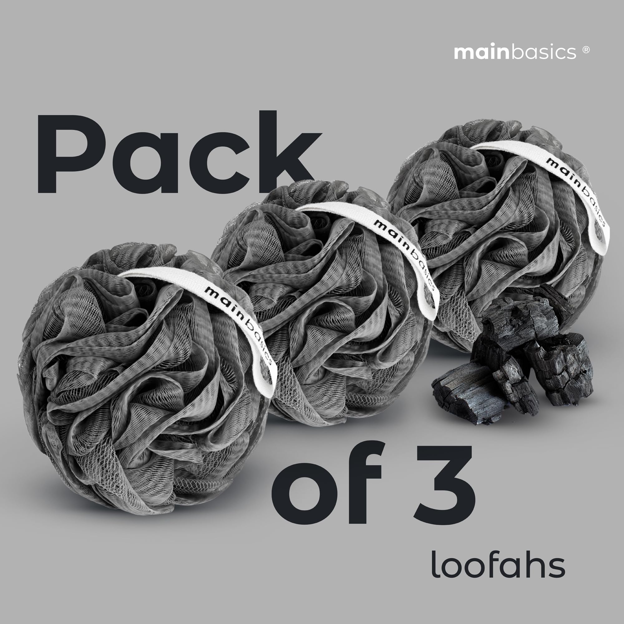 Premium Charcoal Infused Bath & Shower Loofah Sponge Pouf - Exfoliating Body Scrubber for Deep Cleansing (Set of 3) | Gentle Skin Exfoliation & Detox | Perfect for Daily Shower & Spa Day