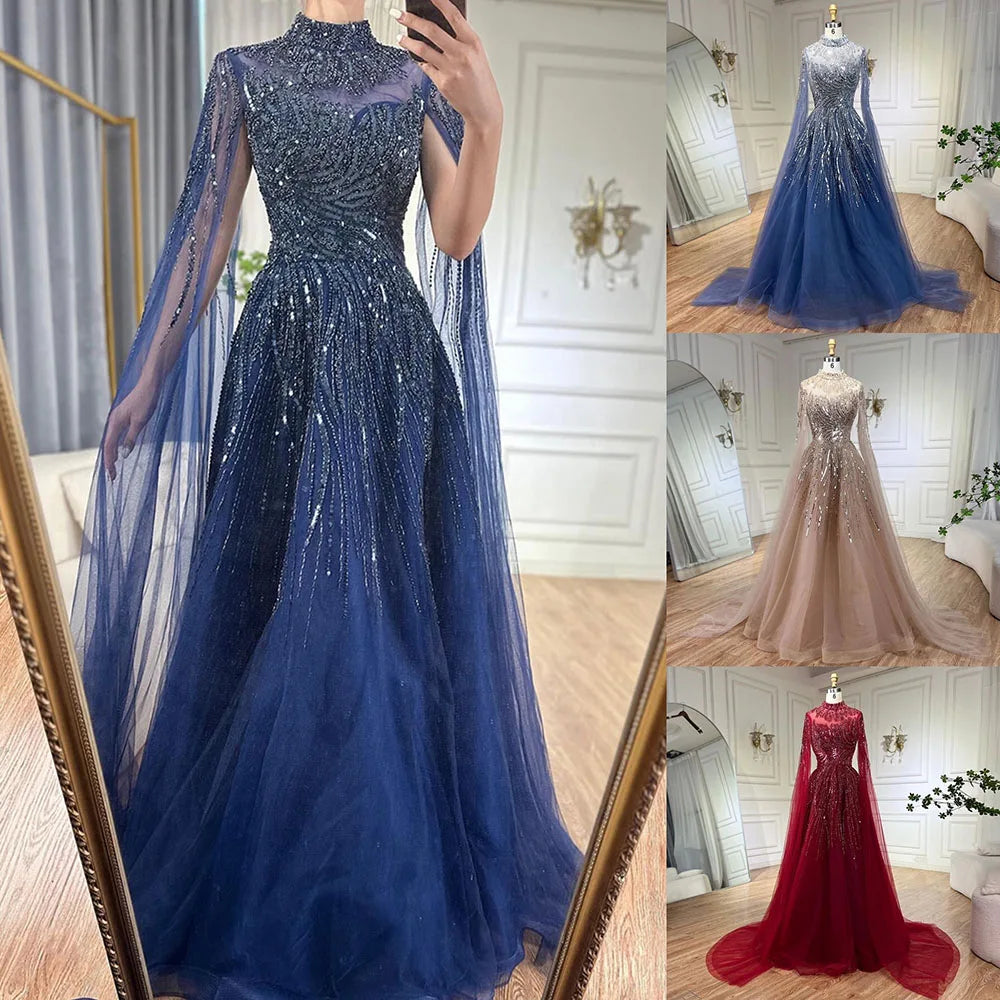 Serene Hill Caramel Luxury Evening Gown with Cape Sleeves - A-Line Beaded Lace Wedding Dress for Women | 2025 LA72386 | Perfect for Formal Events, Bridal Parties & Red Carpet Occasions