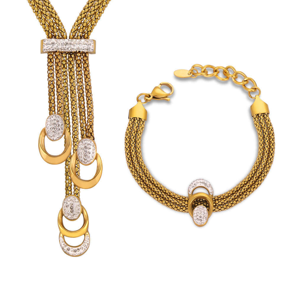 18K Gold & Silver Mesh Waterfall Tassel Necklace Bracelet Set for Women - Elegant Layered Jewelry for Party, Wedding & Evening Wear | MAT002