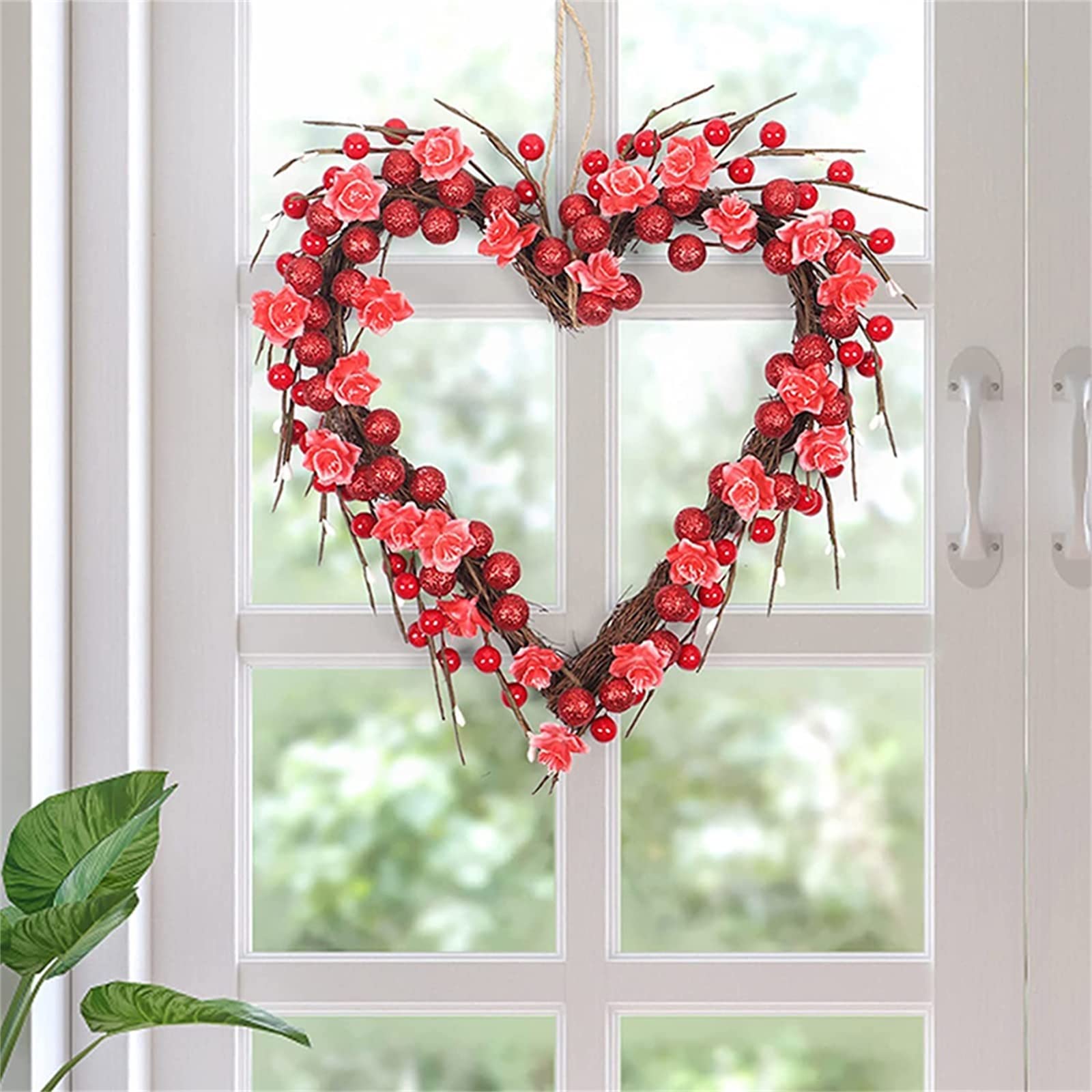 Valentine's Day Heart Wreath - 14 Inch Red Berry & Artificial Roses Hanging Wall Decor with String Lights | Romantic Home Wedding Door Decorations for Valentine's, Christmas & Anniversary Celebrations