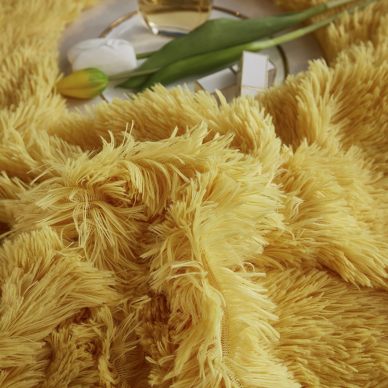 Premium Fluffy Faux Fur Duvet Cover Set - Twin Size Ultra Soft Shaggy Comforter Cover with Pillow Sham (Yellow) for Cozy Bedroom Decor & Winter Warmth