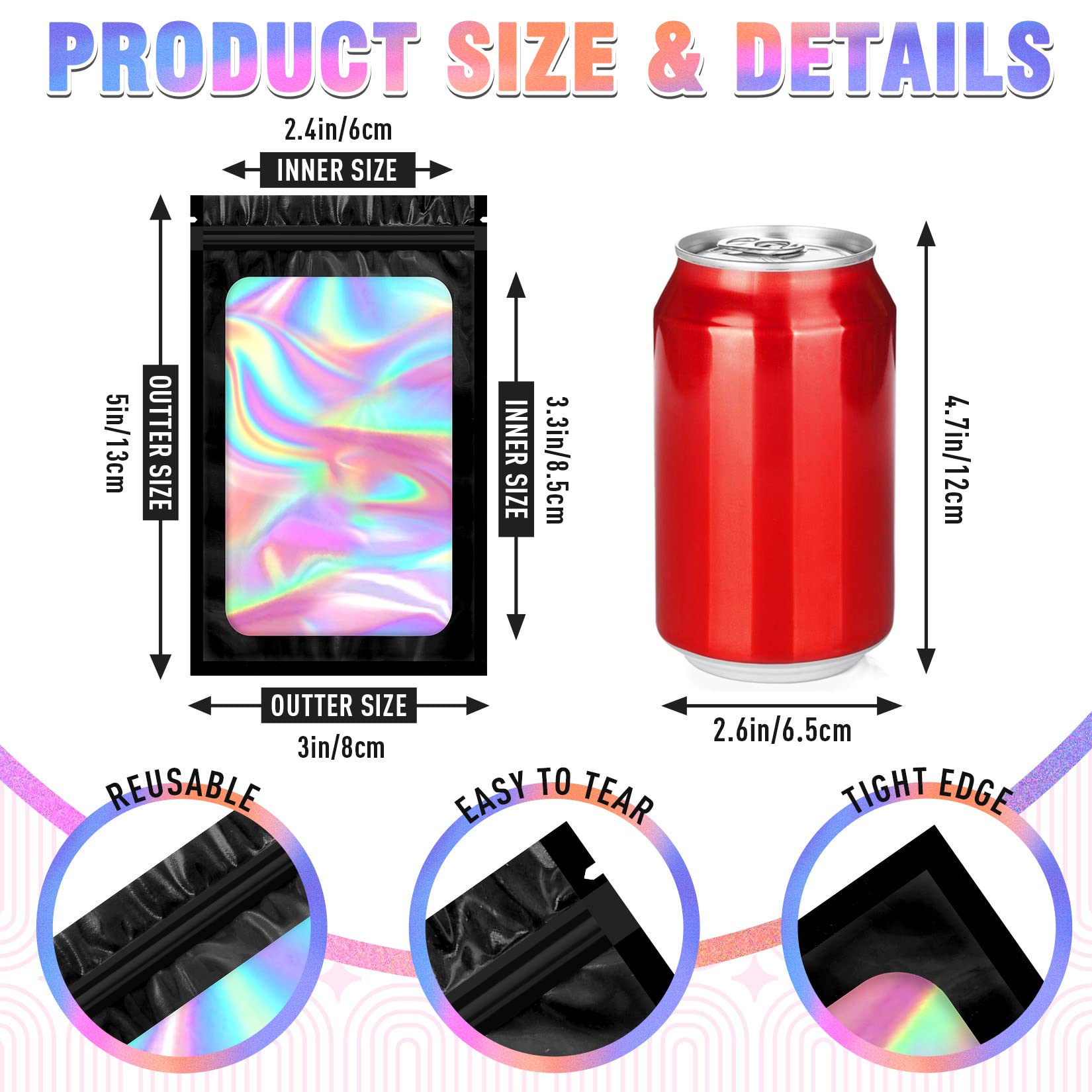 100 PCS Mylar Bags with Clear Window - 3x5 Inch Smell Proof Resealable Packaging Bags for Candy, Samples & Small Business | Ideal for Food Storage, Organizing Snacks & Retail Packaging