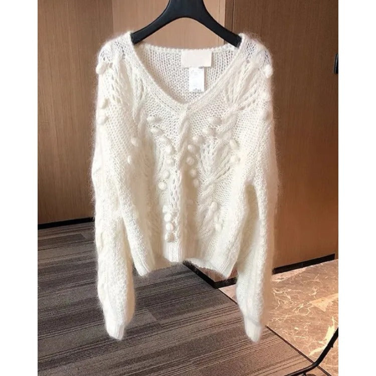 Cozy Autumn Loose Fit V-Neck Long Sleeve Pullover Sweater for Women - Soft Casual Knit Top for Fall Layering, Work & Weekend Outfits