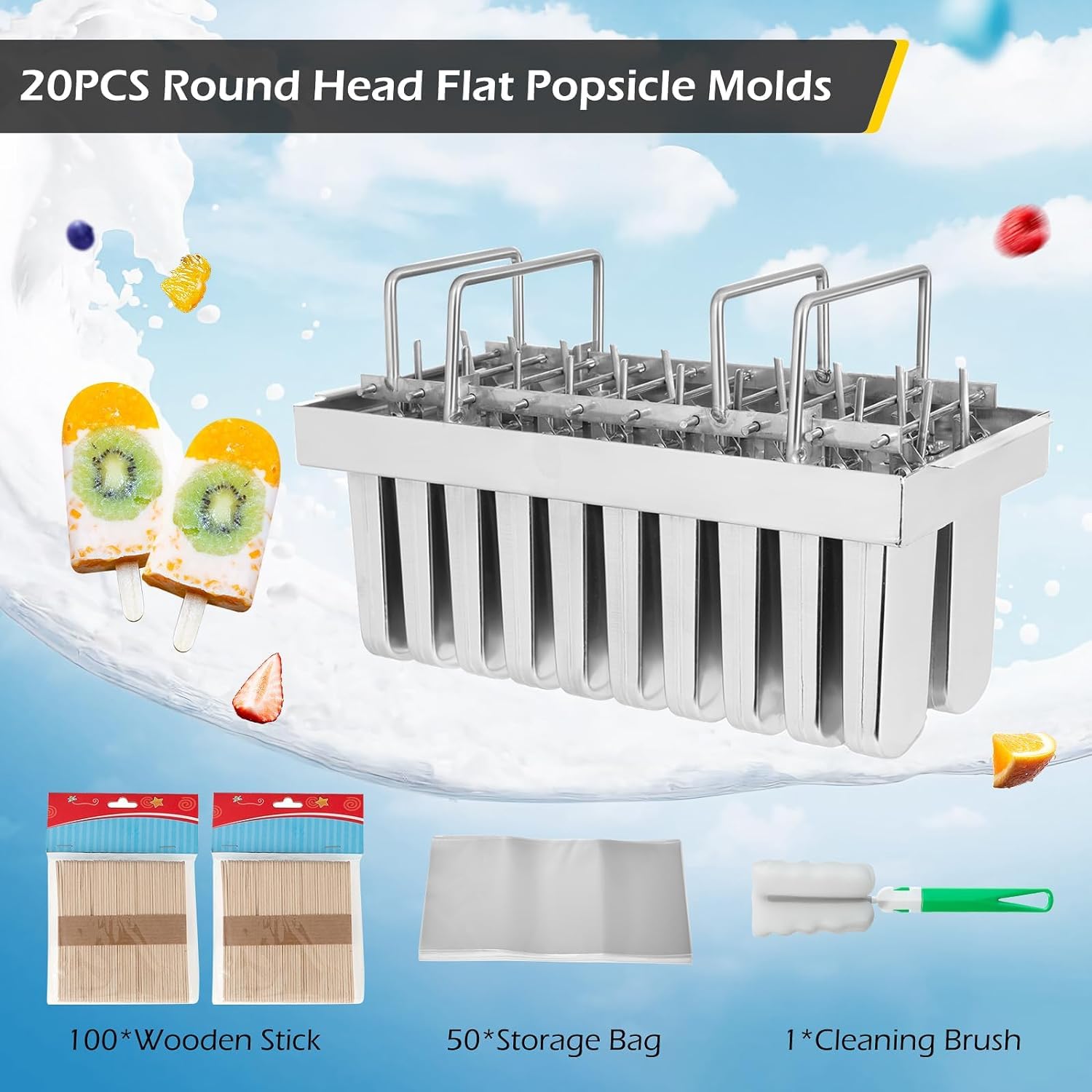304 Stainless Steel Popsicle Molds - 20PCS Commercial Ice Pop Molds Kit with Round Head Plate & Lid (112g Single Cup Capacity) - Perfect for Homemade Frozen Treats, Party Snacks & Summer Desserts